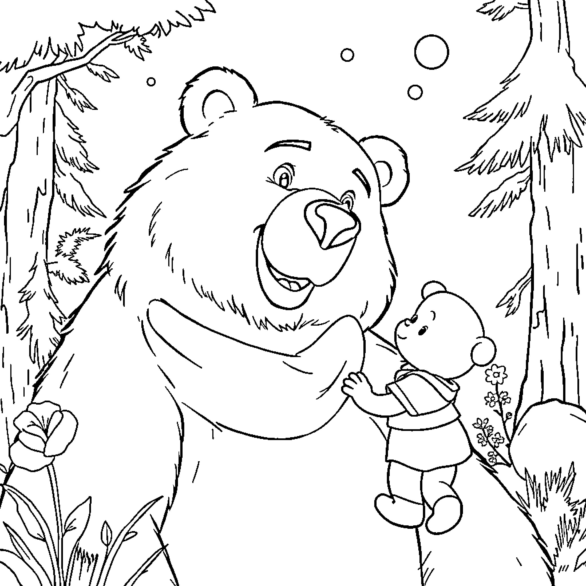 Bear and cub playing in the forest Coloring Page (free black-and-white line drawing printable PDF for all, from beginners to advanced learners, including children, teens, adults, and seniors)