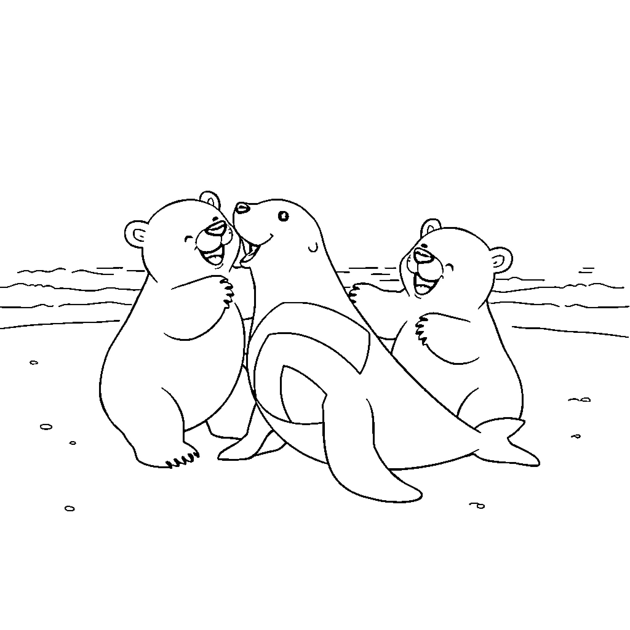 Polar Bears playing together on the ice Coloring Page (free black-and-white line drawing printable PDF for all, from beginners to advanced learners, including children, teens, adults, and seniors)