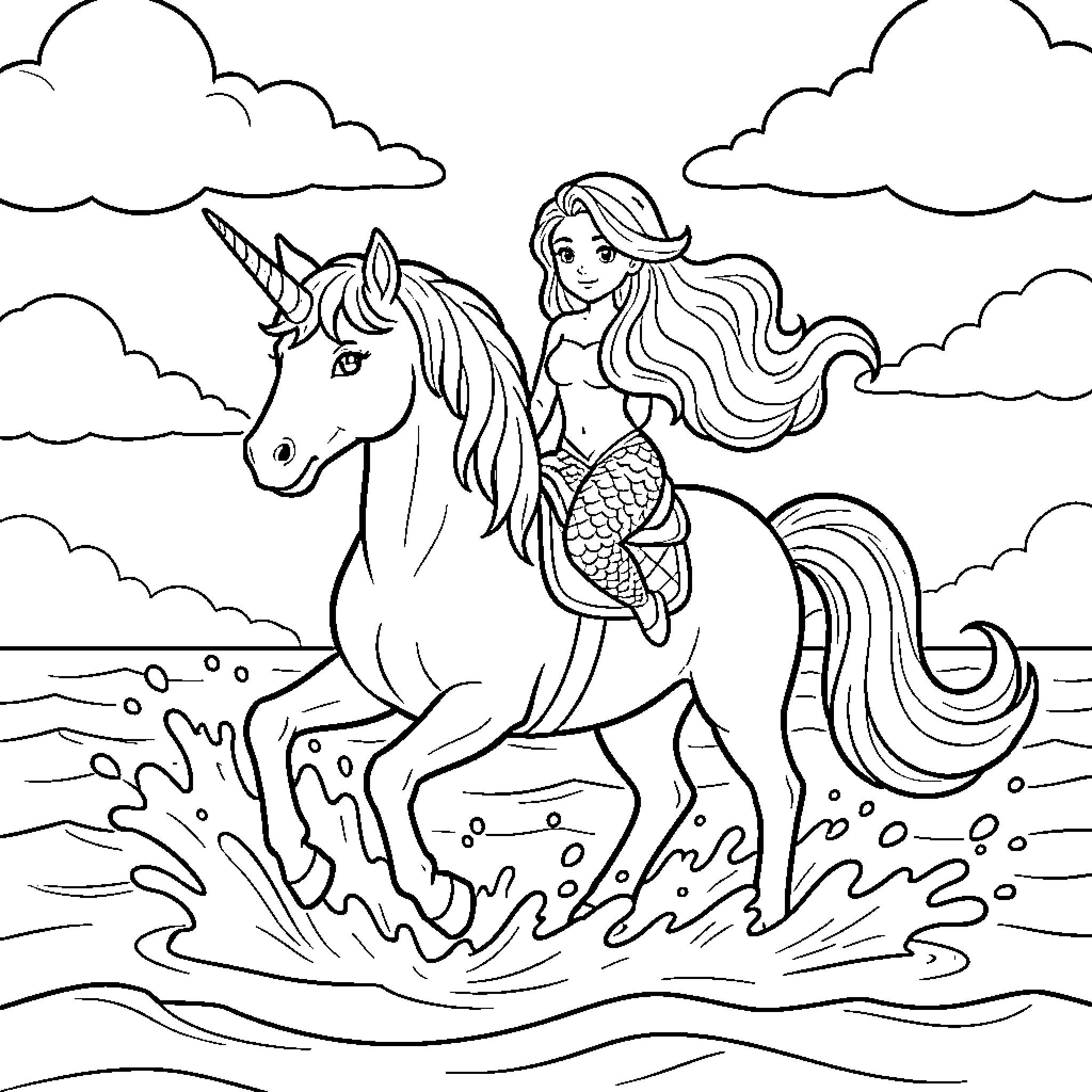 Unicorn Mermaid Riding Magical Creature Through the Waves Coloring Page (free black-and-white line drawing printable PDF for all, from beginners to advanced learners, including children, teens, adults, and seniors)