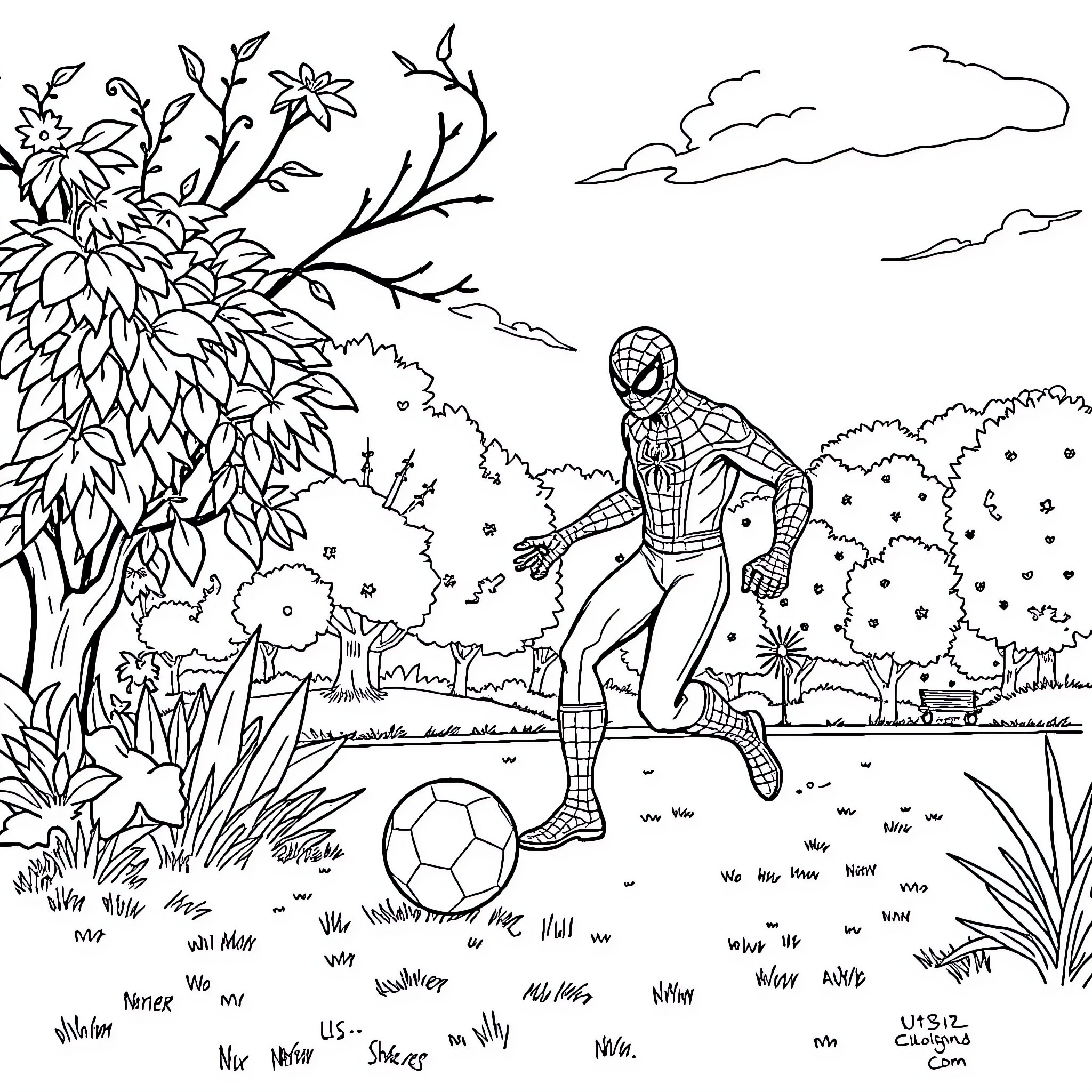 Spider-Man playing with a soccer ball in a nature scene Coloring Page (free black-and-white line drawing printable PDF for all, from beginners to advanced learners, including children, teens, adults, and seniors)