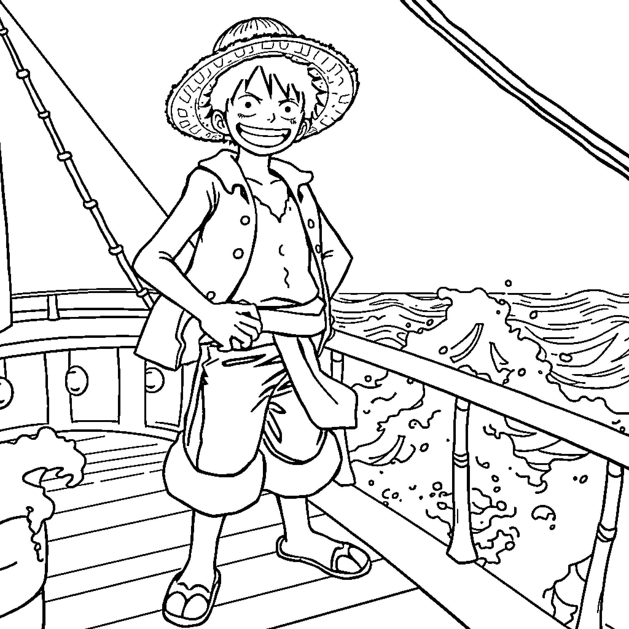Luffy exploring the seas on a ship Coloring Page (free black-and-white line drawing printable PDF for all, from beginners to advanced learners, including children, teens, adults, and seniors)