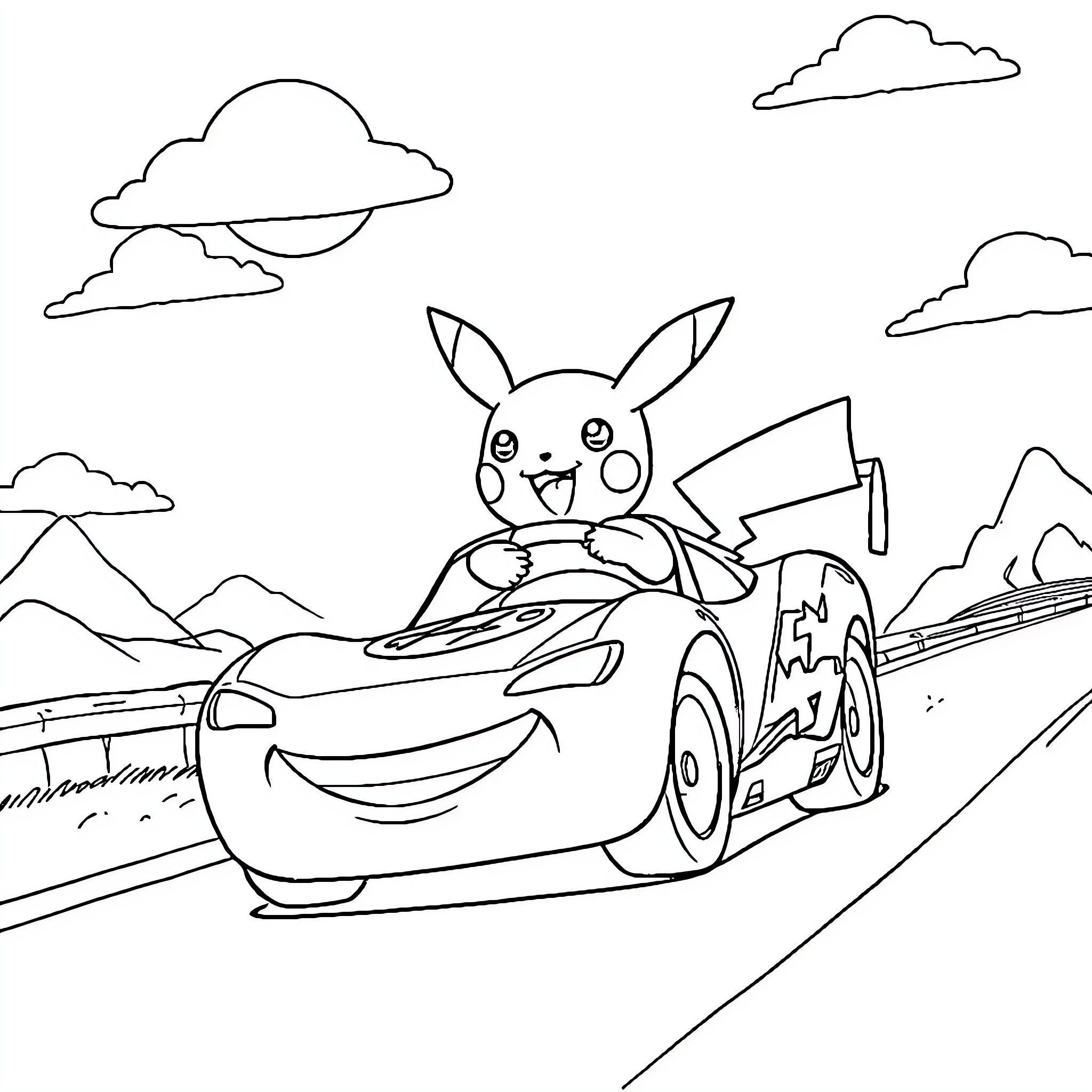 Pikachu racing in a car on the road Coloring Page (free black-and-white line drawing printable PDF for all, from beginners to advanced learners, including children, teens, adults, and seniors)