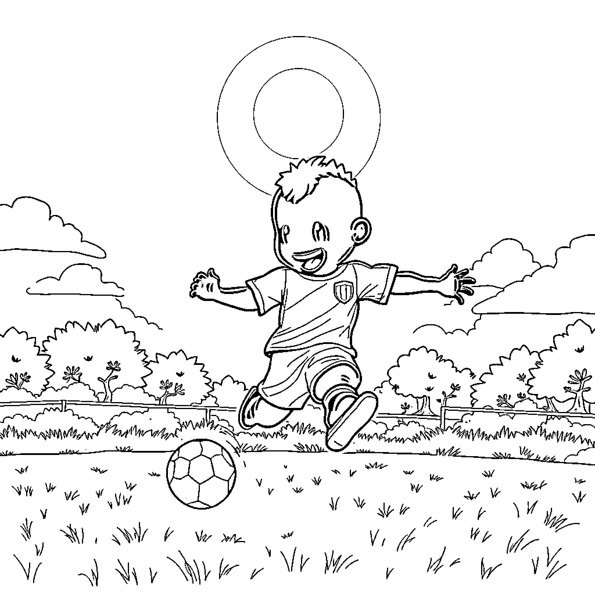 Labubu playing happily with soccer ball in the park Coloring Page (free black-and-white line drawing printable PDF for all, from beginners to advanced learners, including children, teens, adults, and seniors)
