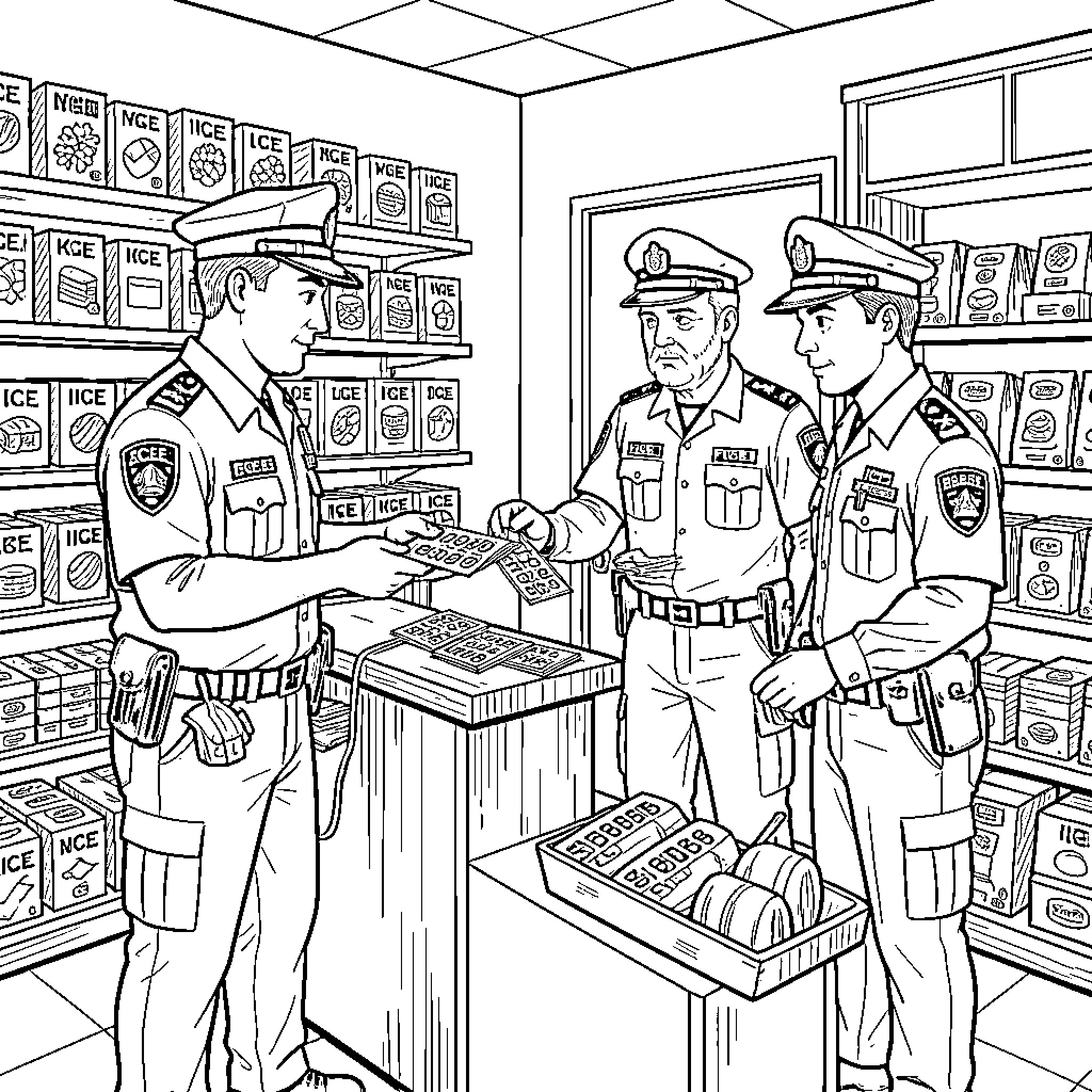 Ice Agent Reviewing Inventory with Police Officers Coloring Page (free black-and-white line drawing printable PDF for all, from beginners to advanced learners, including children, teens, adults, and seniors)