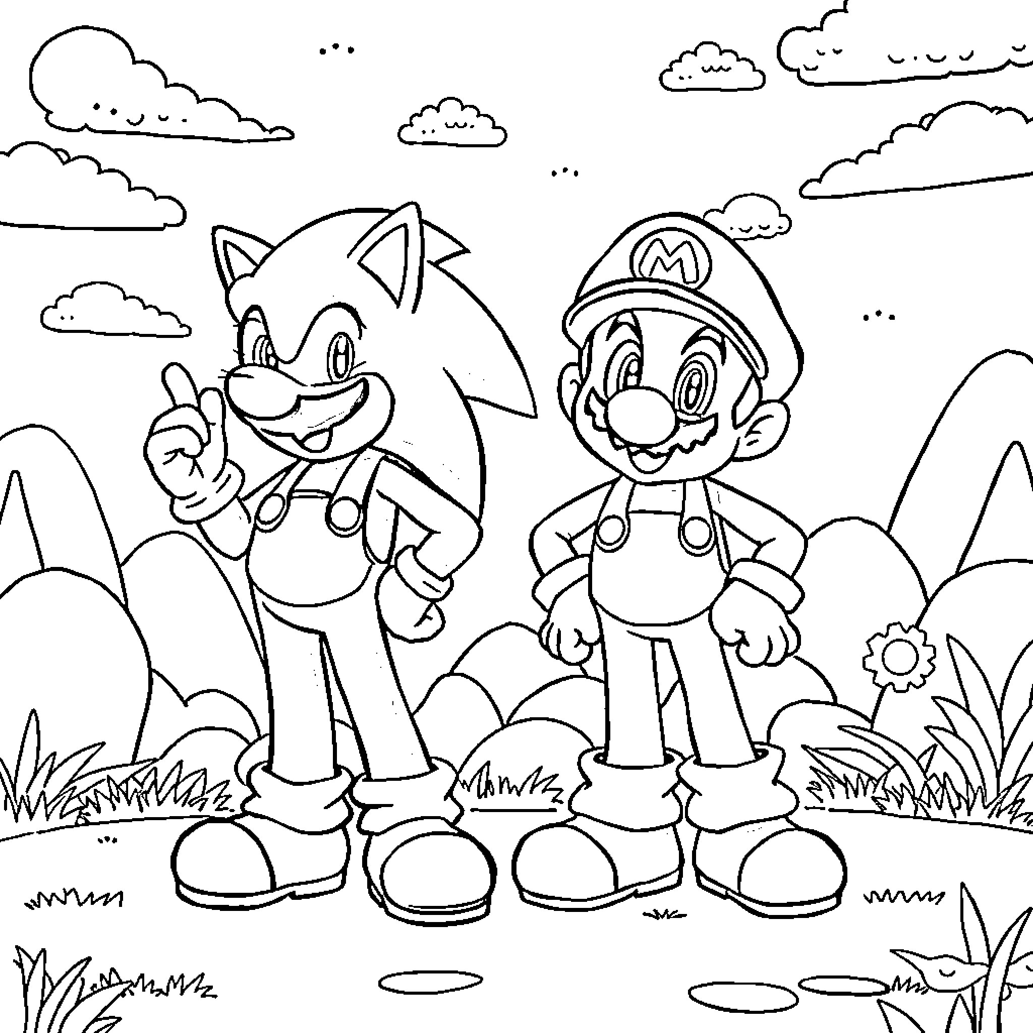 Mario and Sonic Adventure in the Outdoors Coloring Page (free black-and-white line drawing printable PDF for all, from beginners to advanced learners, including children, teens, adults, and seniors)