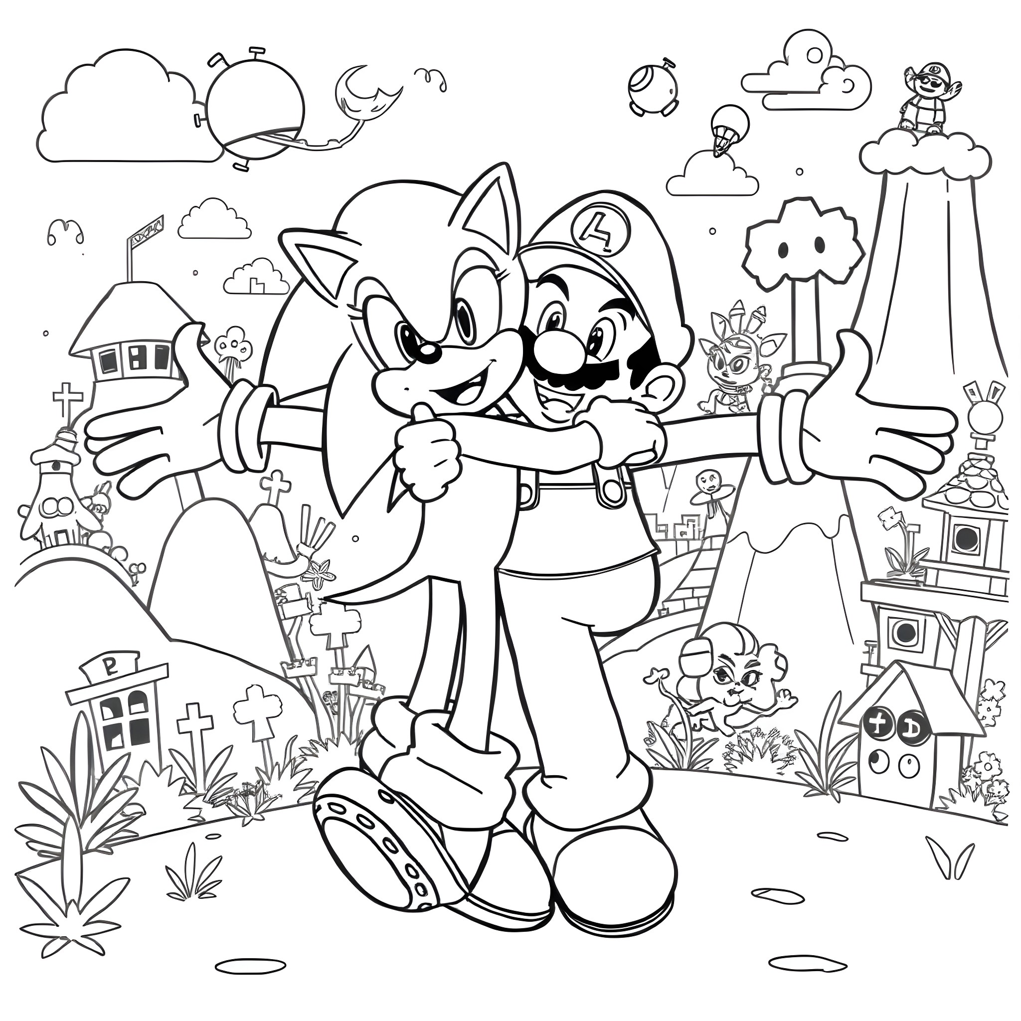 Sonic and Mario's Whimsical Adventure Coloring Page (free black-and-white line drawing printable PDF for all, from beginners to advanced learners, including children, teens, adults, and seniors)