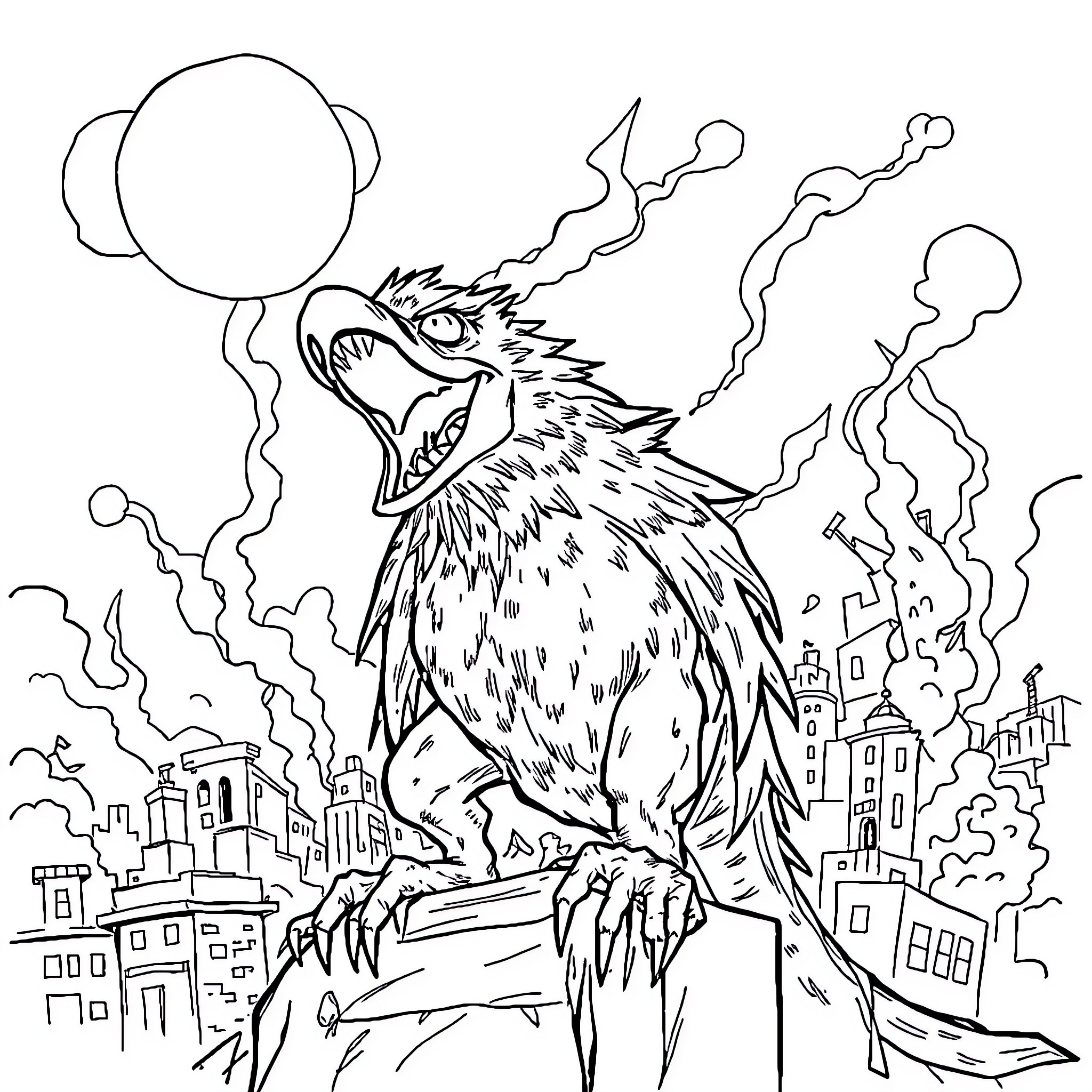 Guason: Menacing bird monster over city skyline Coloring Page (free black-and-white line drawing printable PDF for all, from beginners to advanced learners, including children, teens, adults, and seniors)