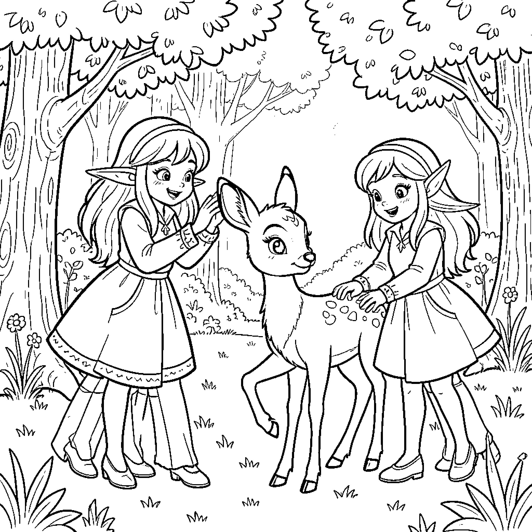 Elf girls playing with a small deer in forest Coloring Page (free black-and-white line drawing printable PDF for all, from beginners to advanced learners, including children, teens, adults, and seniors)