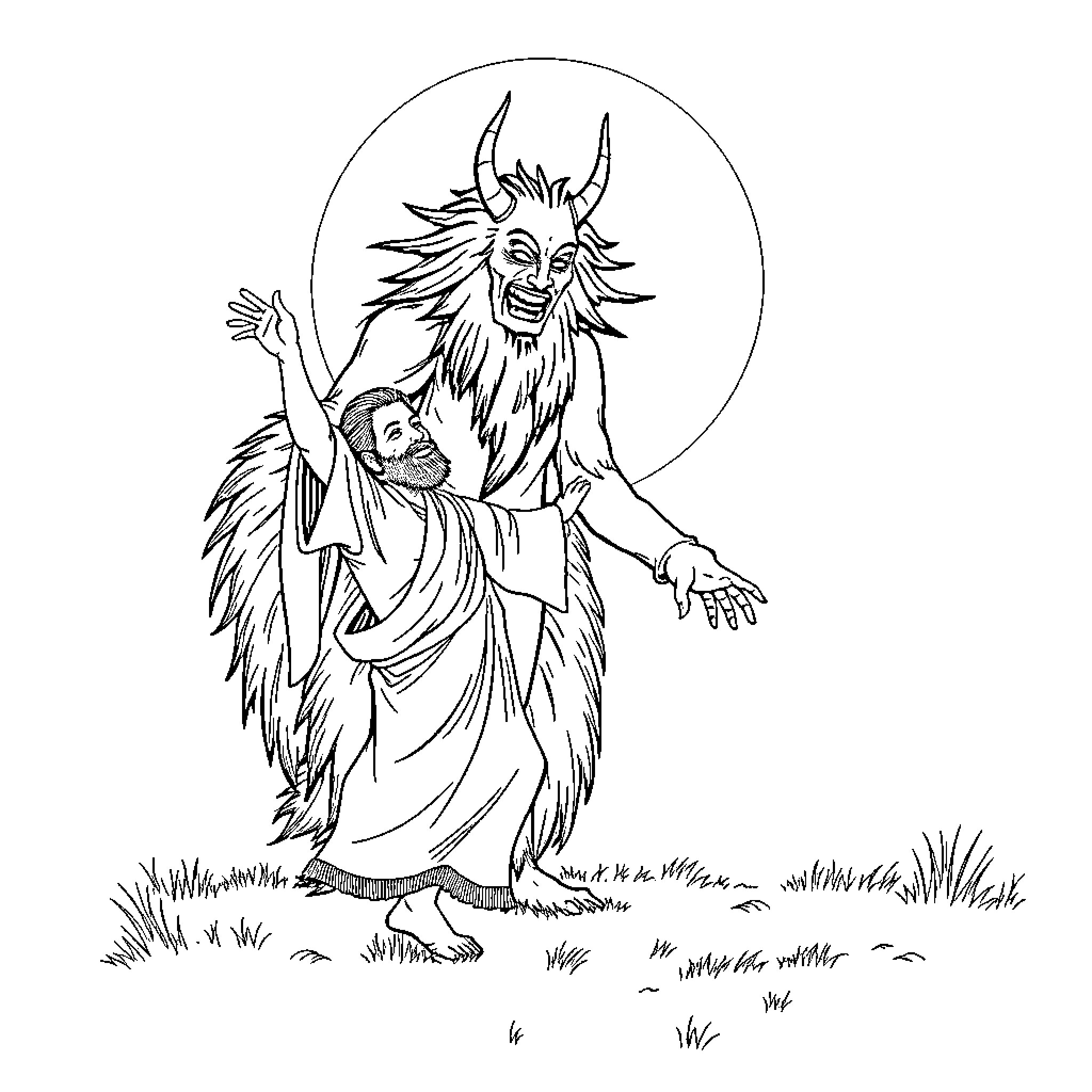 Jesus triumphantly confronting the devil Coloring Page (free black-and-white line drawing printable PDF for all, from beginners to advanced learners, including children, teens, adults, and seniors)