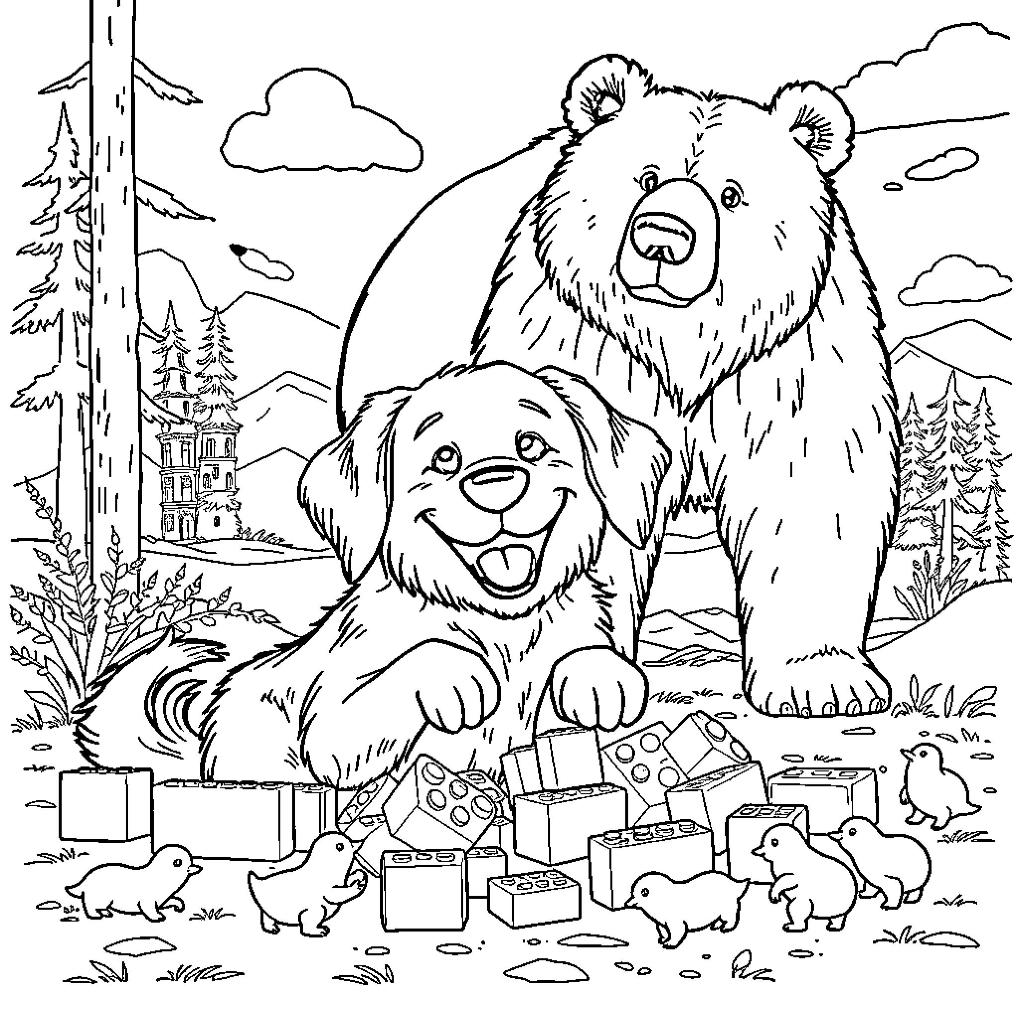 Retriever and Bear in Playful Outdoor Scene Coloring Page (free black-and-white line drawing printable PDF for all, from beginners to advanced learners, including children, teens, adults, and seniors)