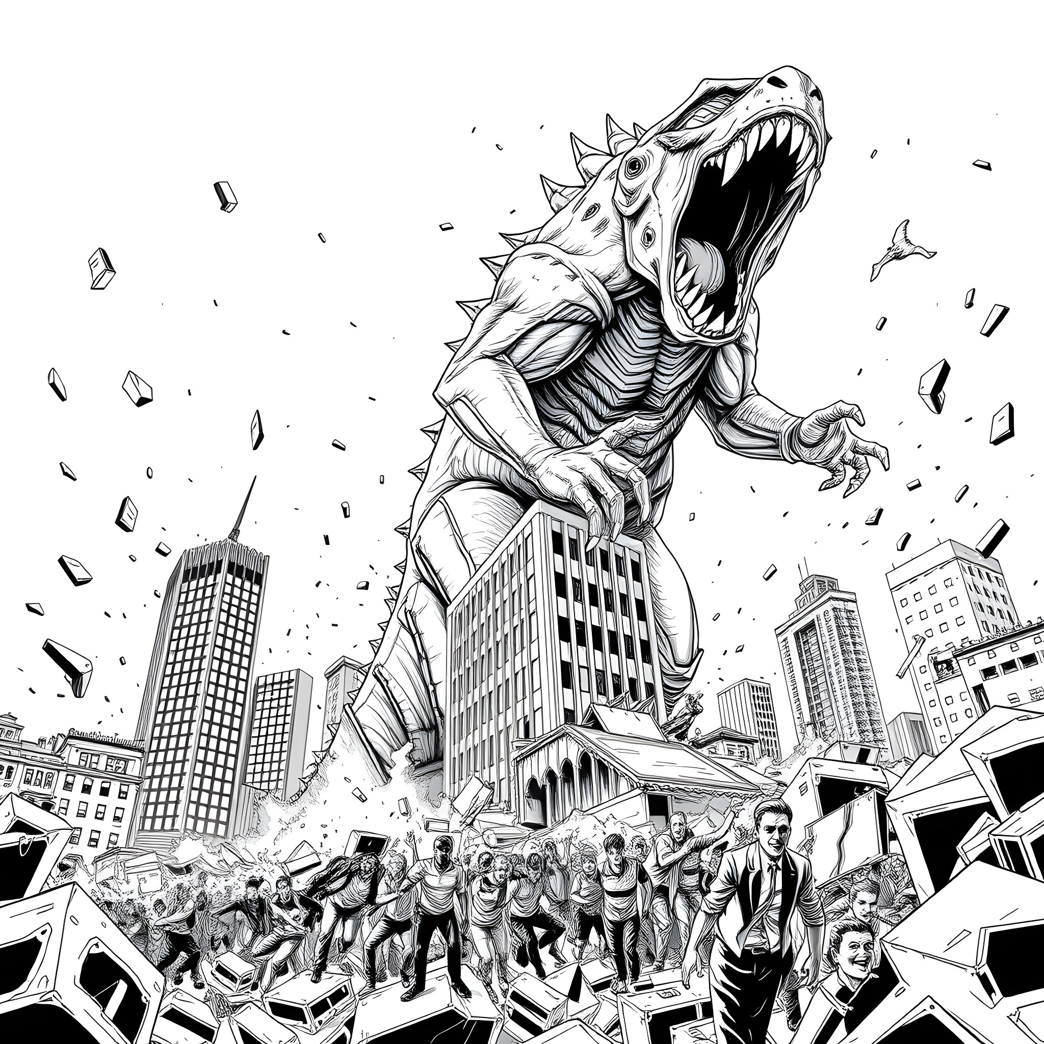 Monster Unleashes Destruction upon the City Coloring Page (free black-and-white line drawing printable PDF for all, from beginners to advanced learners, including children, teens, adults, and seniors)