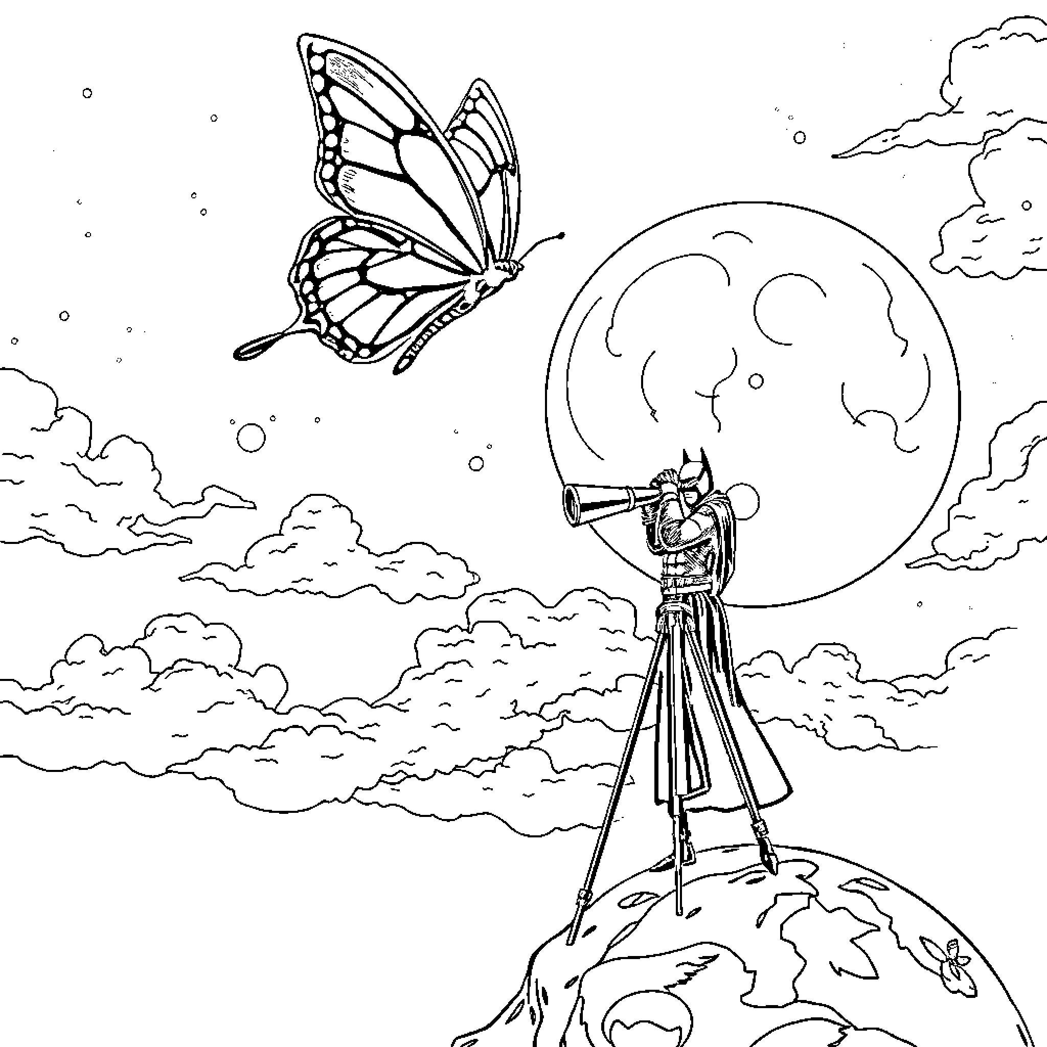 Butterfly soaring in the starry night sky Coloring Page (free black-and-white line drawing printable PDF for all, from beginners to advanced learners, including children, teens, adults, and seniors)