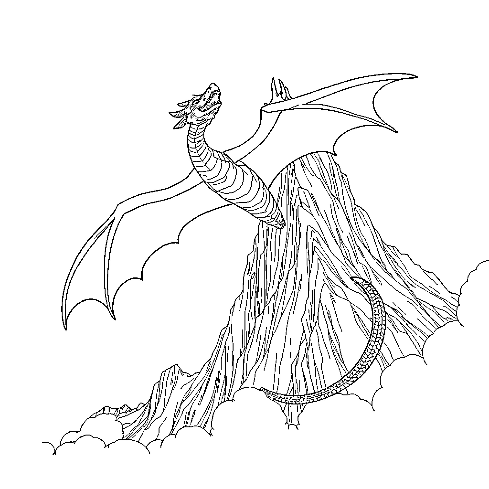 Dragon soaring over rugged mountains Coloring Page (free black-and-white line drawing printable PDF for all, from beginners to advanced learners, including children, teens, adults, and seniors)