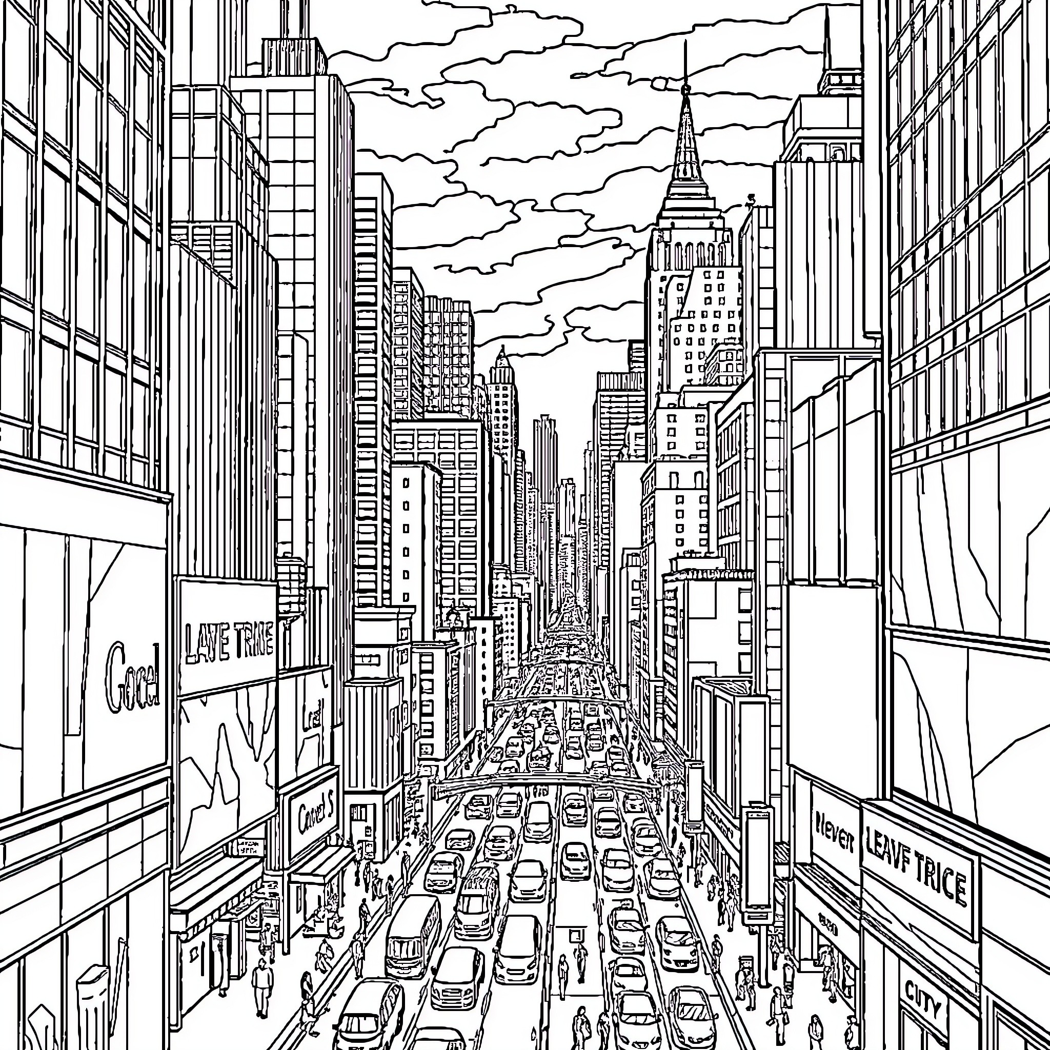 City street bustling with activity and architectural wonders Coloring Page (free black-and-white line drawing printable PDF for all, from beginners to advanced learners, including children, teens, adults, and seniors)