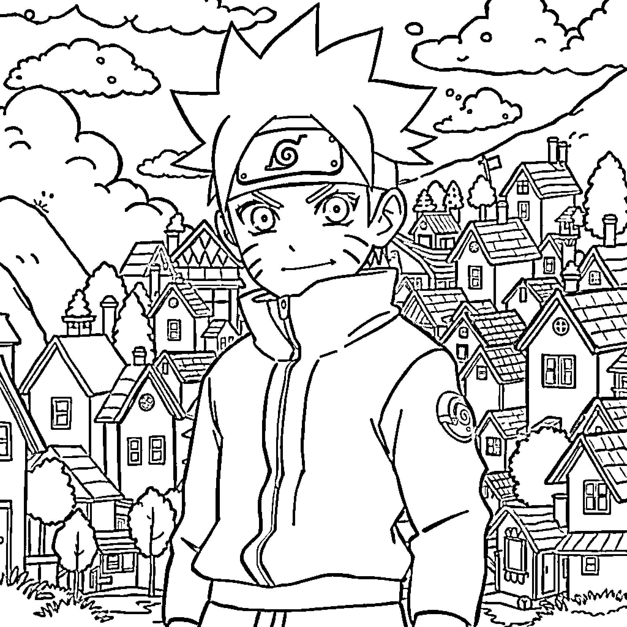 Naruto standing proudly in a vibrant village Coloring Page (free black-and-white line drawing printable PDF for all, from beginners to advanced learners, including children, teens, adults, and seniors)