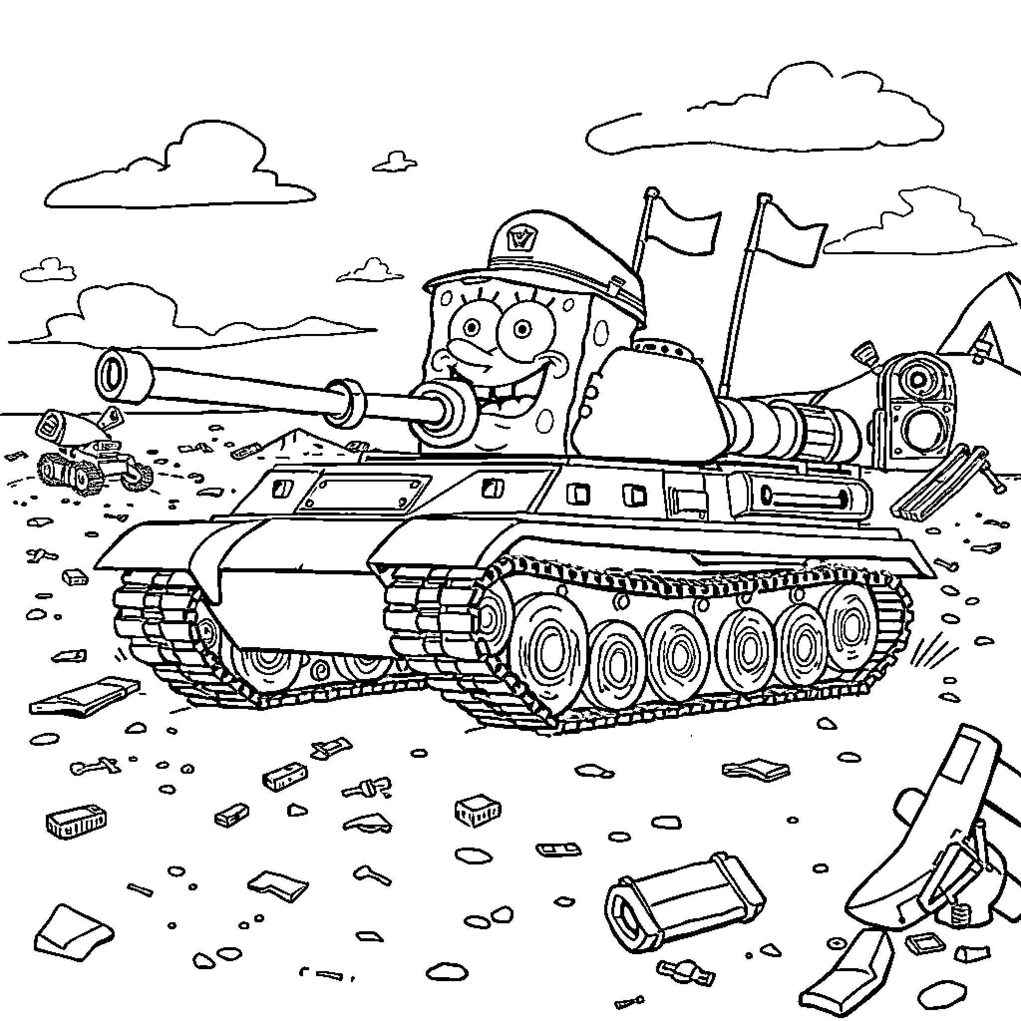 Tank on the battlefield with artillery and ammunition Coloring Page (free black-and-white line drawing printable PDF for all, from beginners to advanced learners, including children, teens, adults, and seniors)