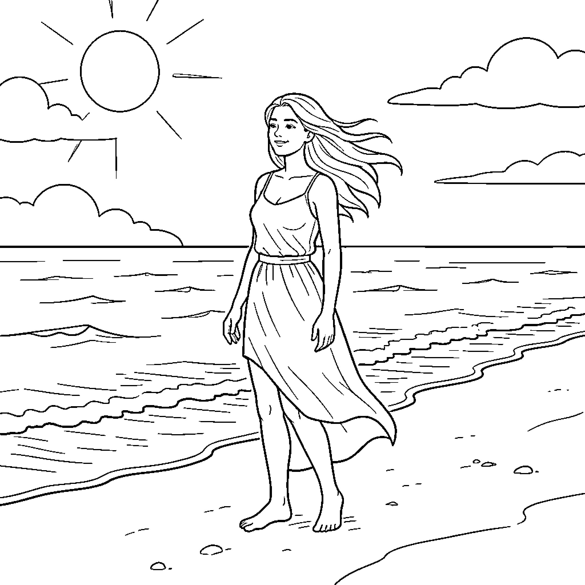 Woman walking peacefully along the sunny beach Coloring Page (free black-and-white line drawing printable PDF for all, from beginners to advanced learners, including children, teens, adults, and seniors)