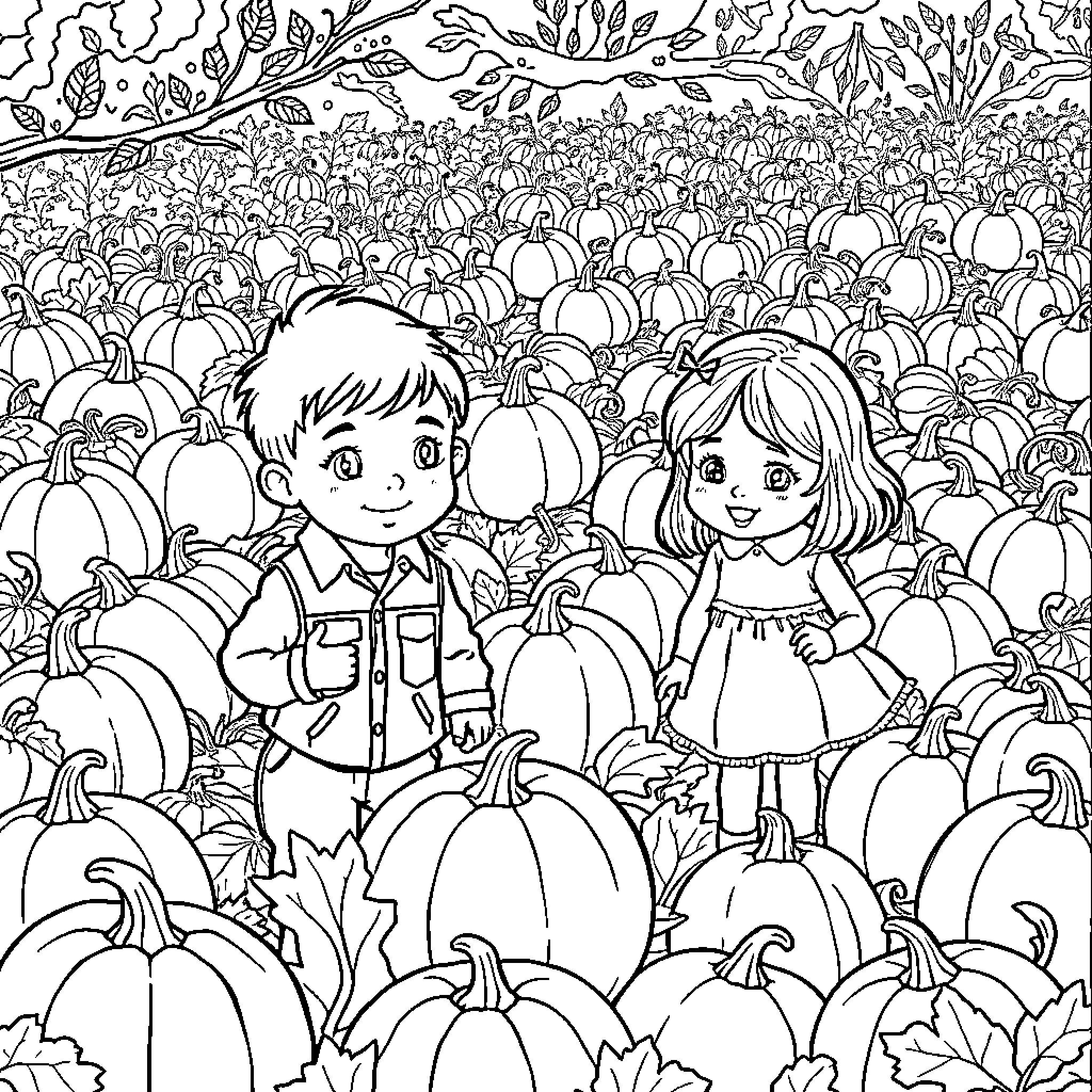 Boy and girl exploring pumpkin patch Coloring Page (free black-and-white line drawing printable PDF for all, from beginners to advanced learners, including children, teens, adults, and seniors)