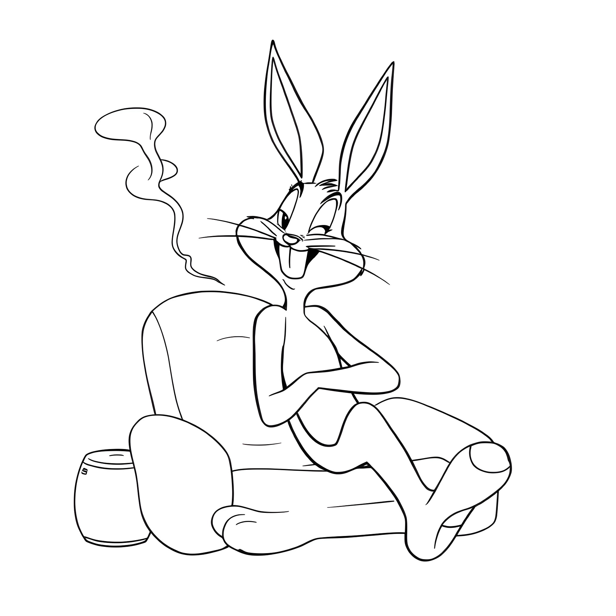 Bugs Bunny relaxing with a smoke Coloring Page (free black-and-white line drawing printable PDF for all, from beginners to advanced learners, including children, teens, adults, and seniors)