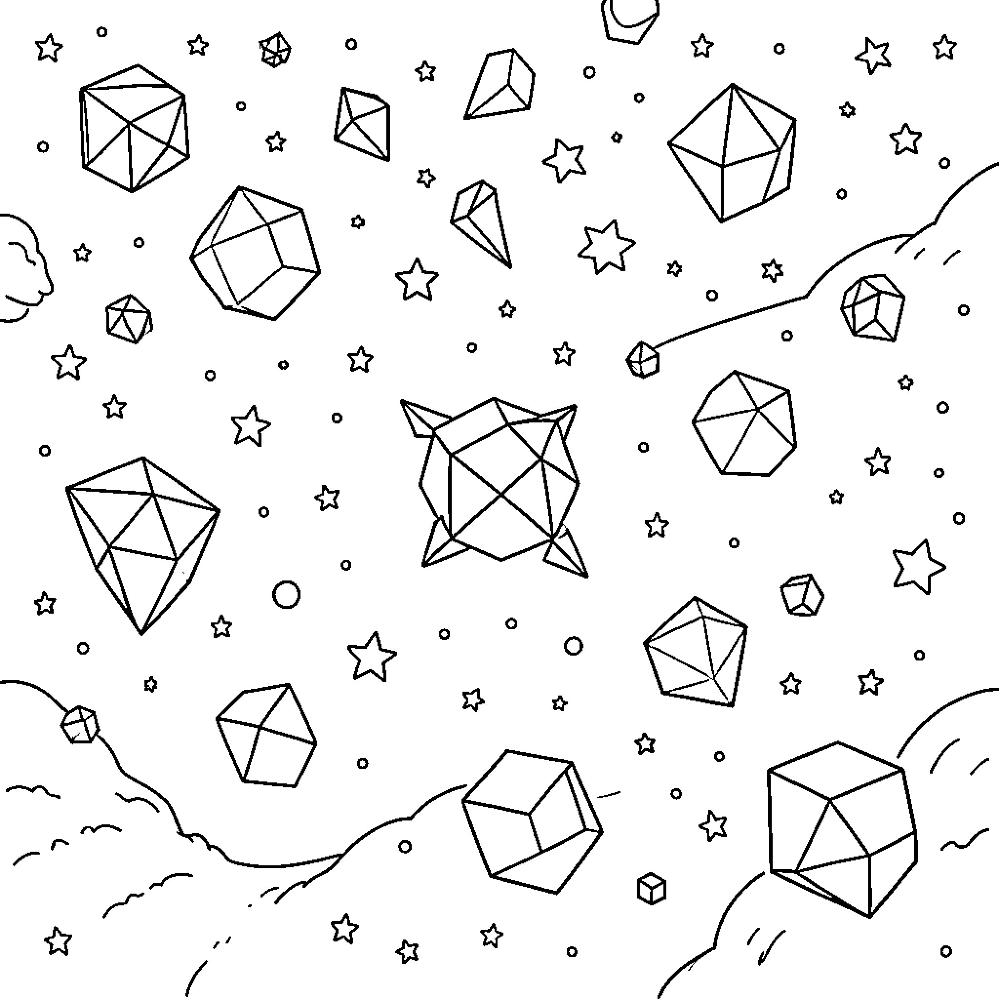 Geometric Figures in the Starry Cosmos Coloring Page (free black-and-white line drawing printable PDF for all, from beginners to advanced learners, including children, teens, adults, and seniors)