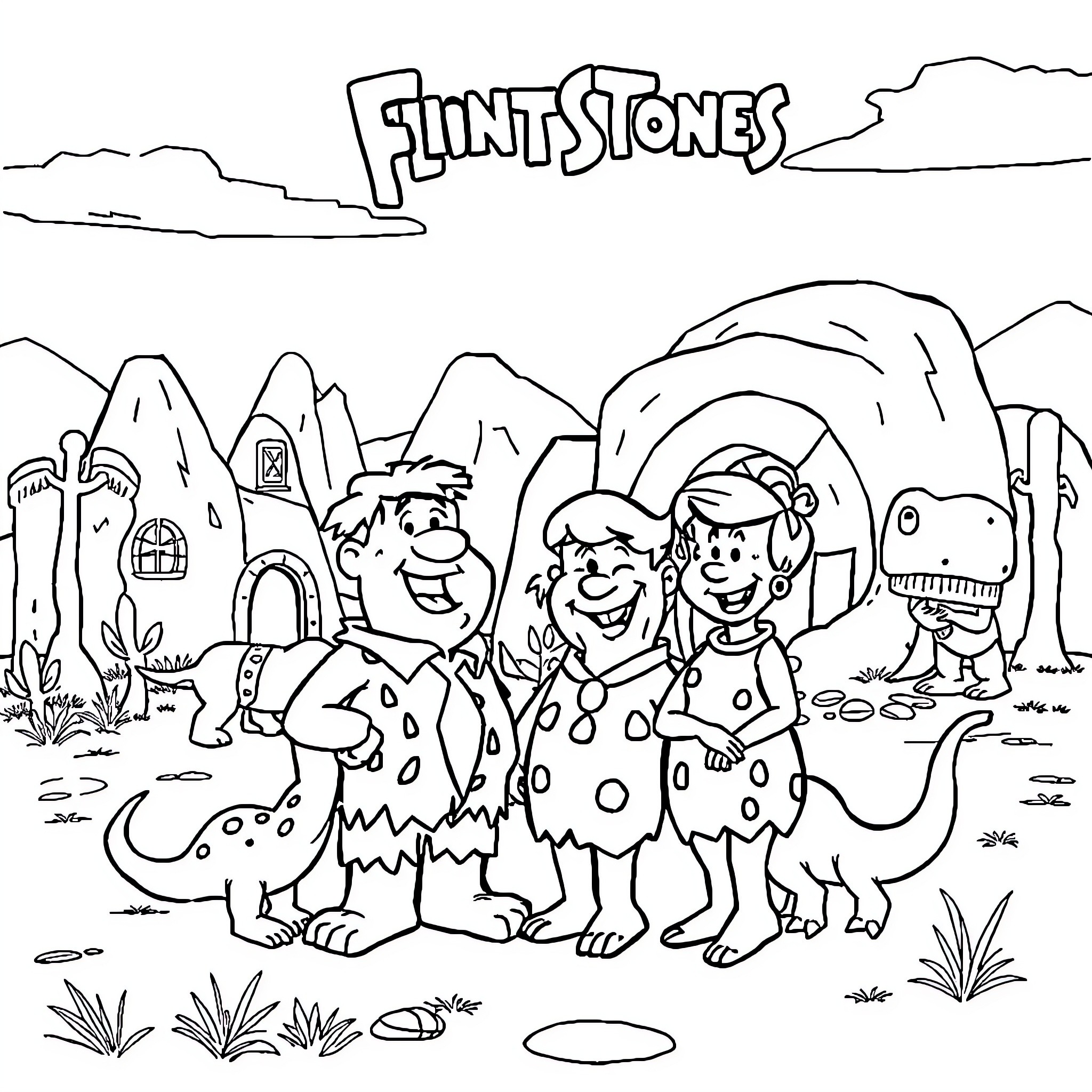 Flintstones characters in a prehistoric scene Coloring Page (free black-and-white line drawing printable PDF for all, from beginners to advanced learners, including children, teens, adults, and seniors)