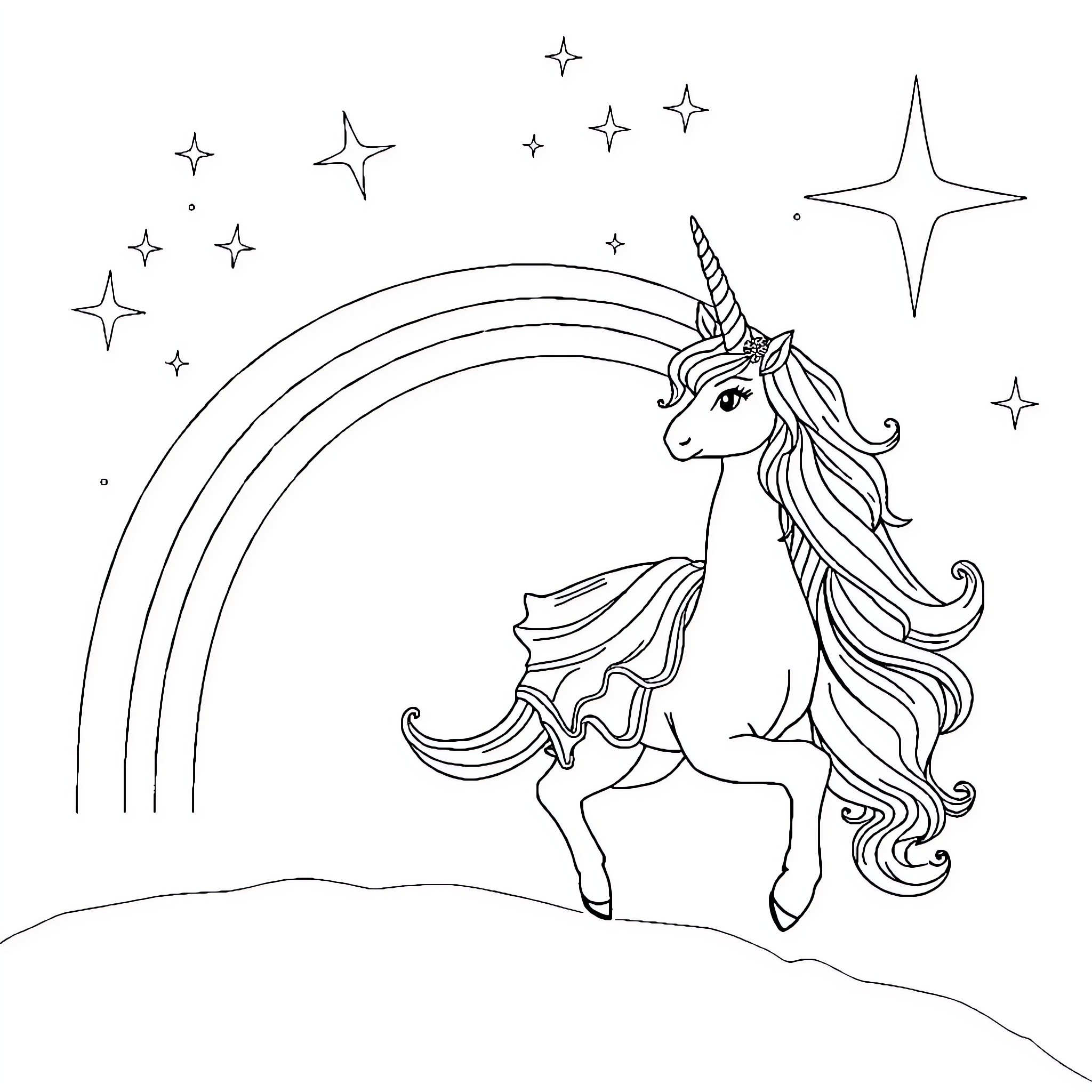 Princess Unicorn Galloping Under Starry Skies Coloring Page (free black-and-white line drawing printable PDF for all, from beginners to advanced learners, including children, teens, adults, and seniors)