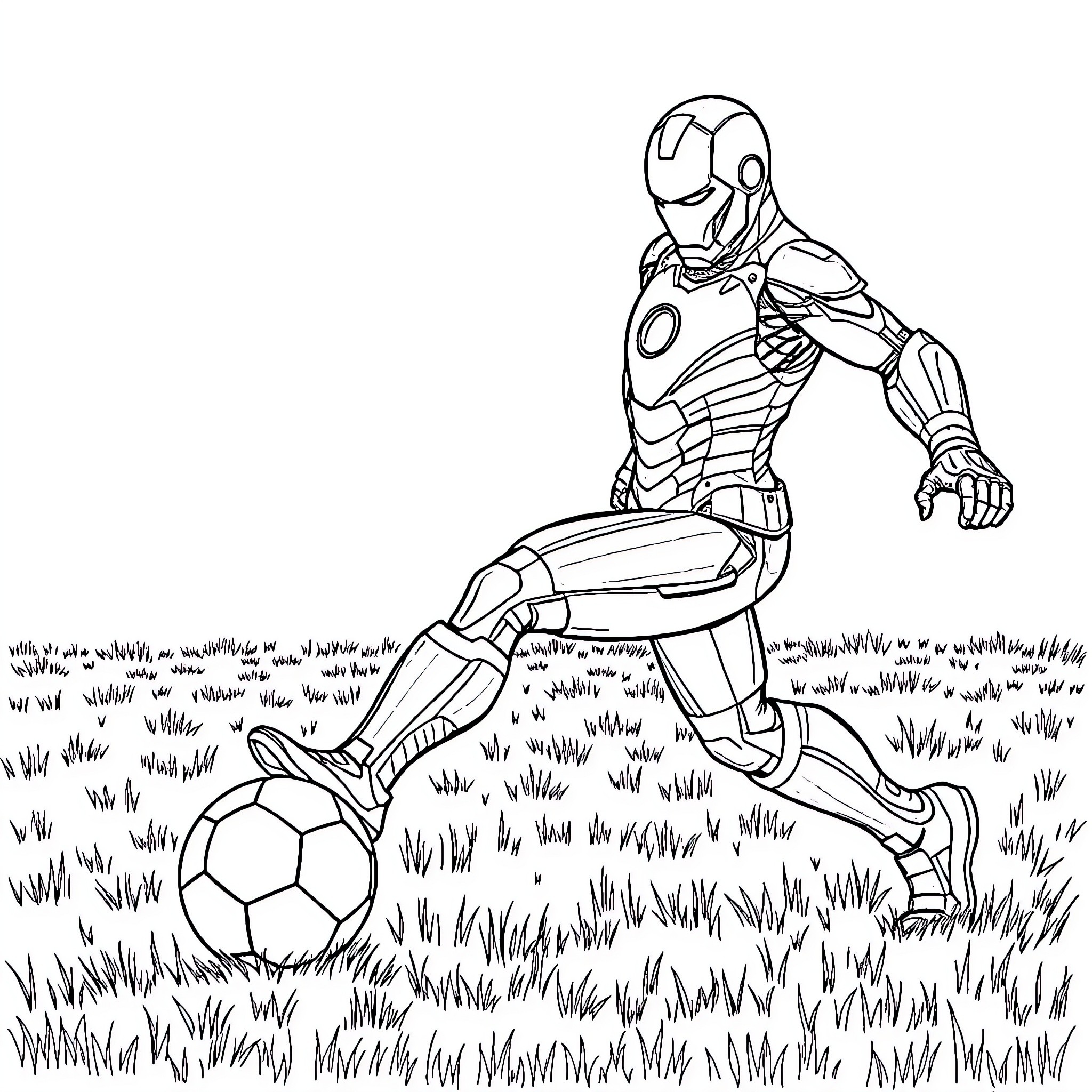 Ironman playing with soccer ball in the field Coloring Page (free black-and-white line drawing printable PDF for all, from beginners to advanced learners, including children, teens, adults, and seniors)