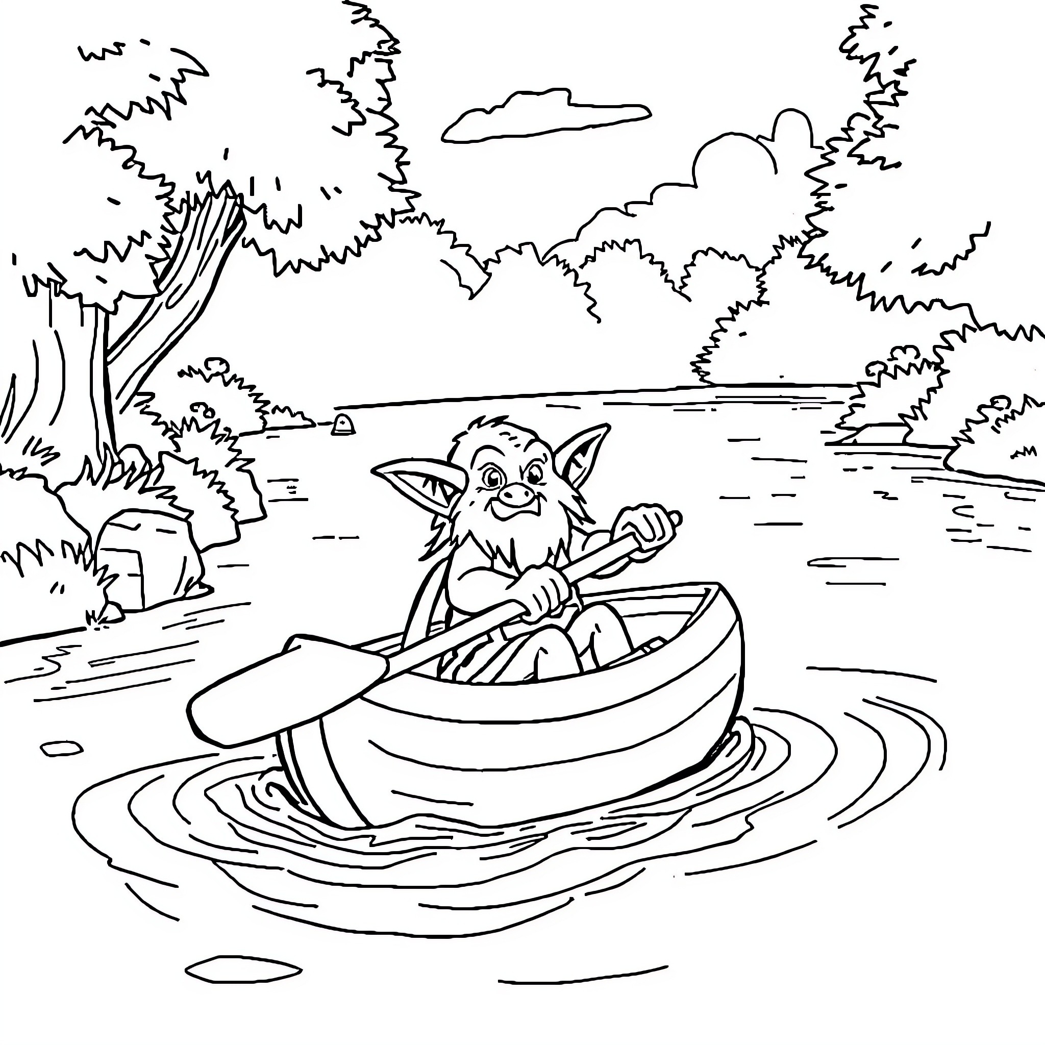 Goblin paddling a boat in the lake Coloring Page (free black-and-white line drawing printable PDF for all, from beginners to advanced learners, including children, teens, adults, and seniors)