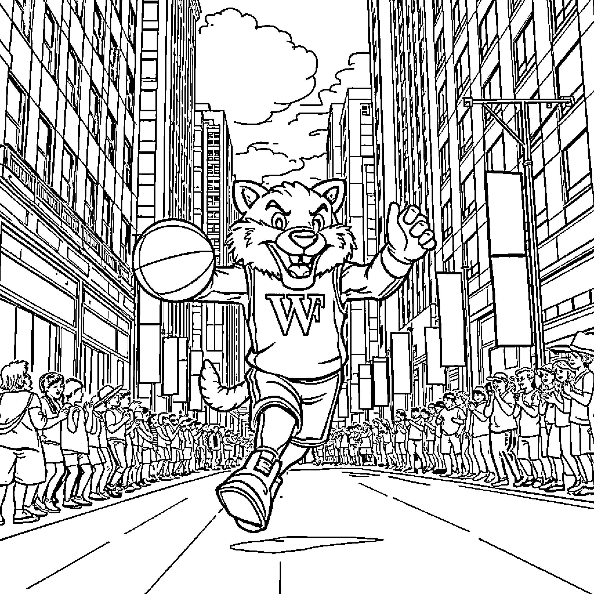 Mascot leading a parade through the city streets Coloring Page (free black-and-white line drawing printable PDF for all, from beginners to advanced learners, including children, teens, adults, and seniors)