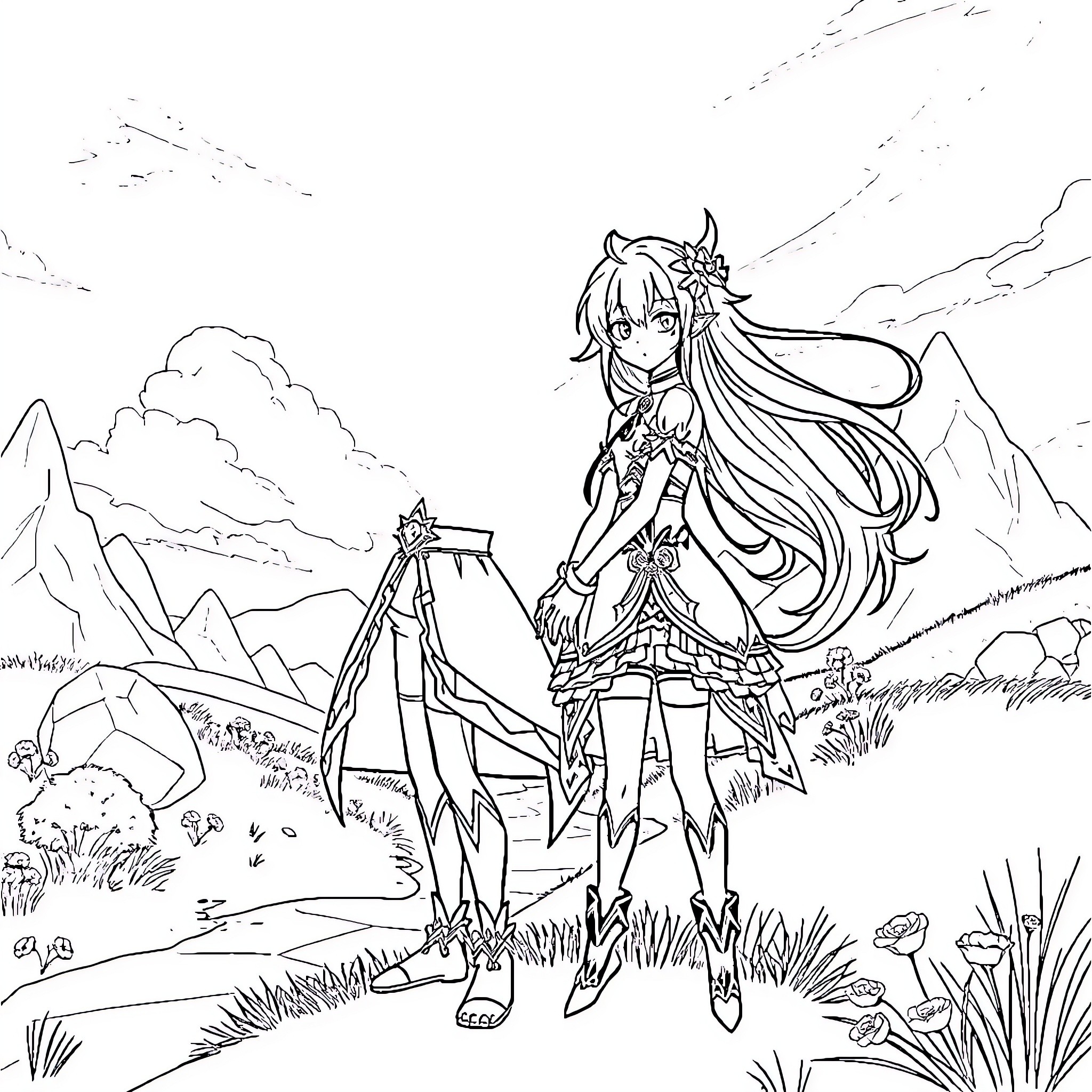 Lumine exploring the serene mountain landscape Coloring Page (free black-and-white line drawing printable PDF for all, from beginners to advanced learners, including children, teens, adults, and seniors)