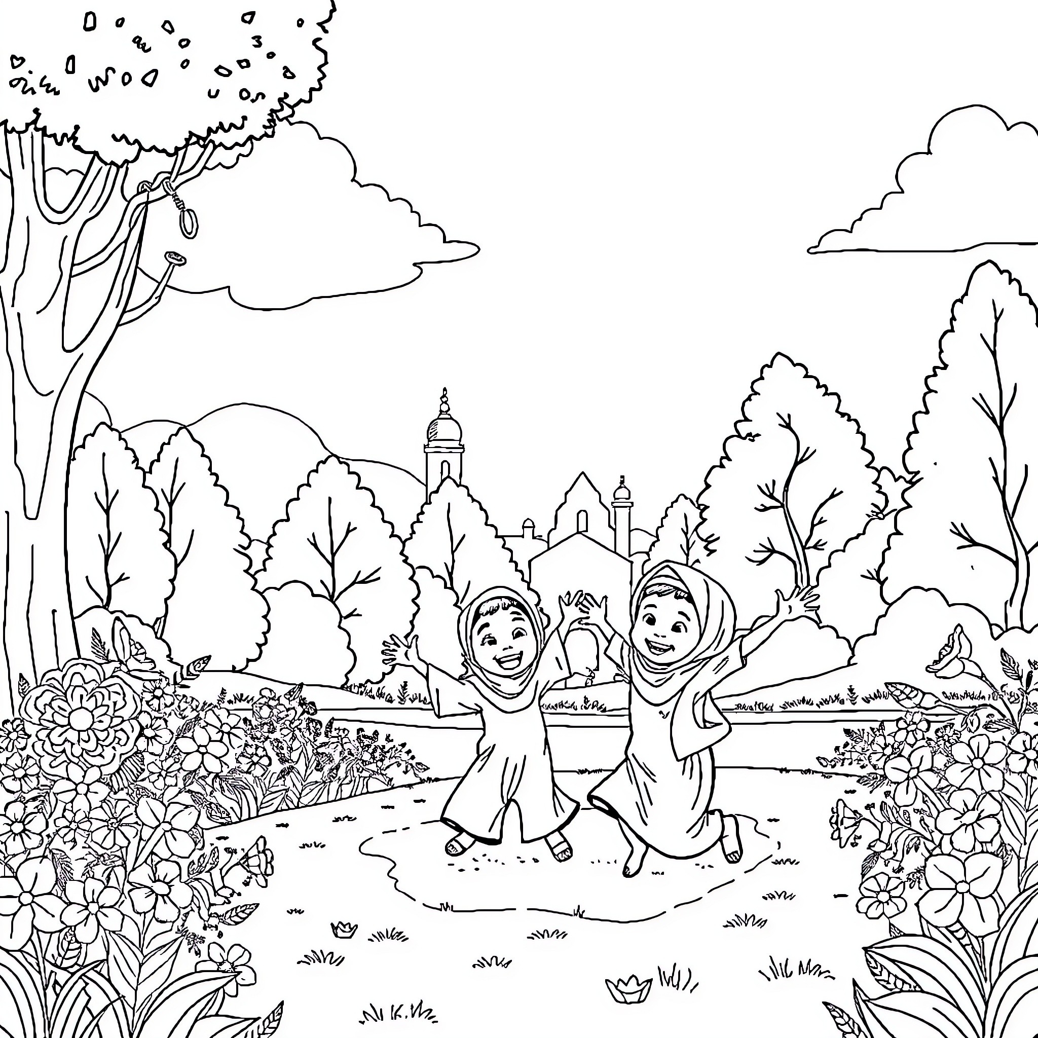 Children playing joyfully in a lush garden Coloring Page (free black-and-white line drawing printable PDF for all, from beginners to advanced learners, including children, teens, adults, and seniors)