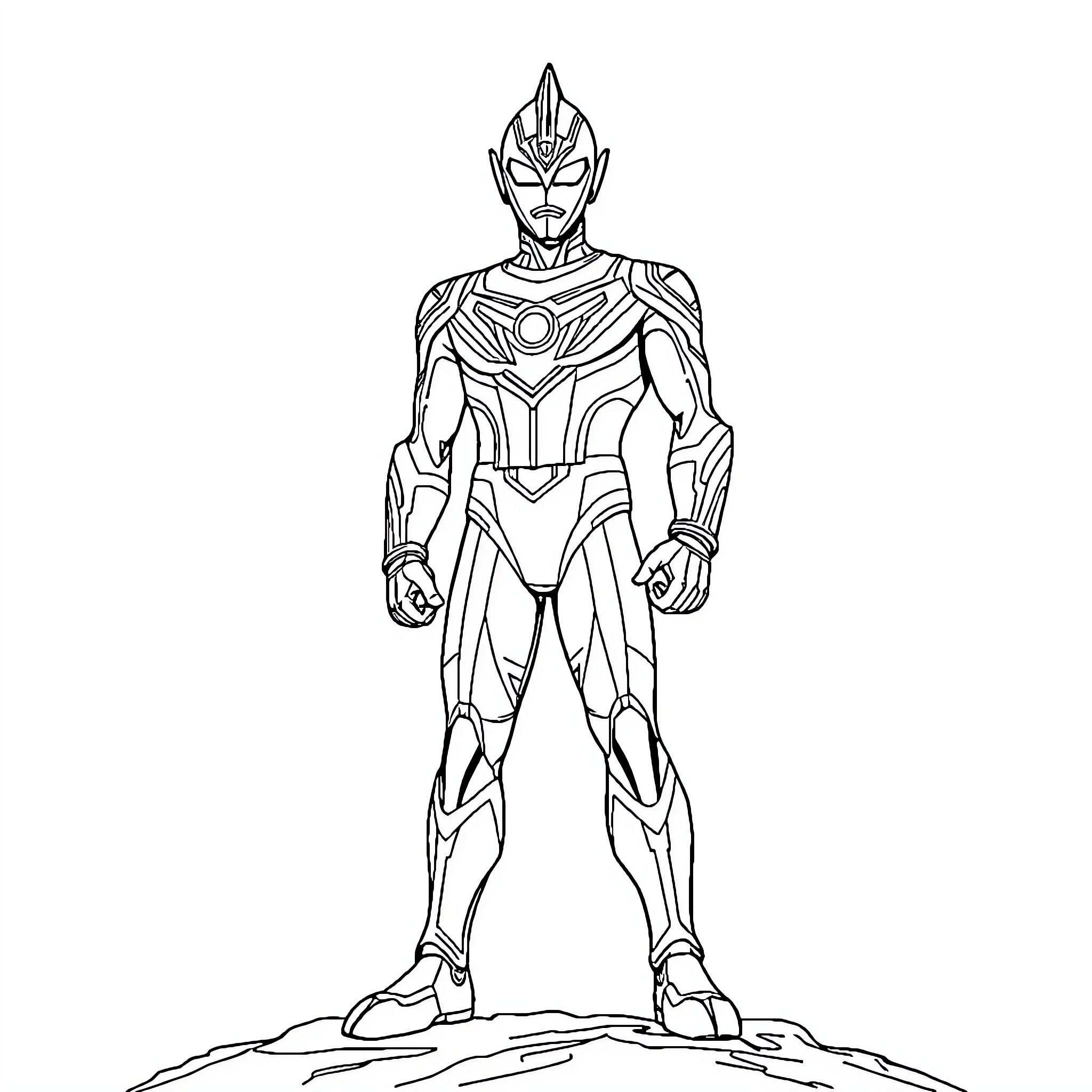 Ultraman in heroic stance and futuristic suit Coloring Page (free black-and-white line drawing printable PDF for all, from beginners to advanced learners, including children, teens, adults, and seniors)