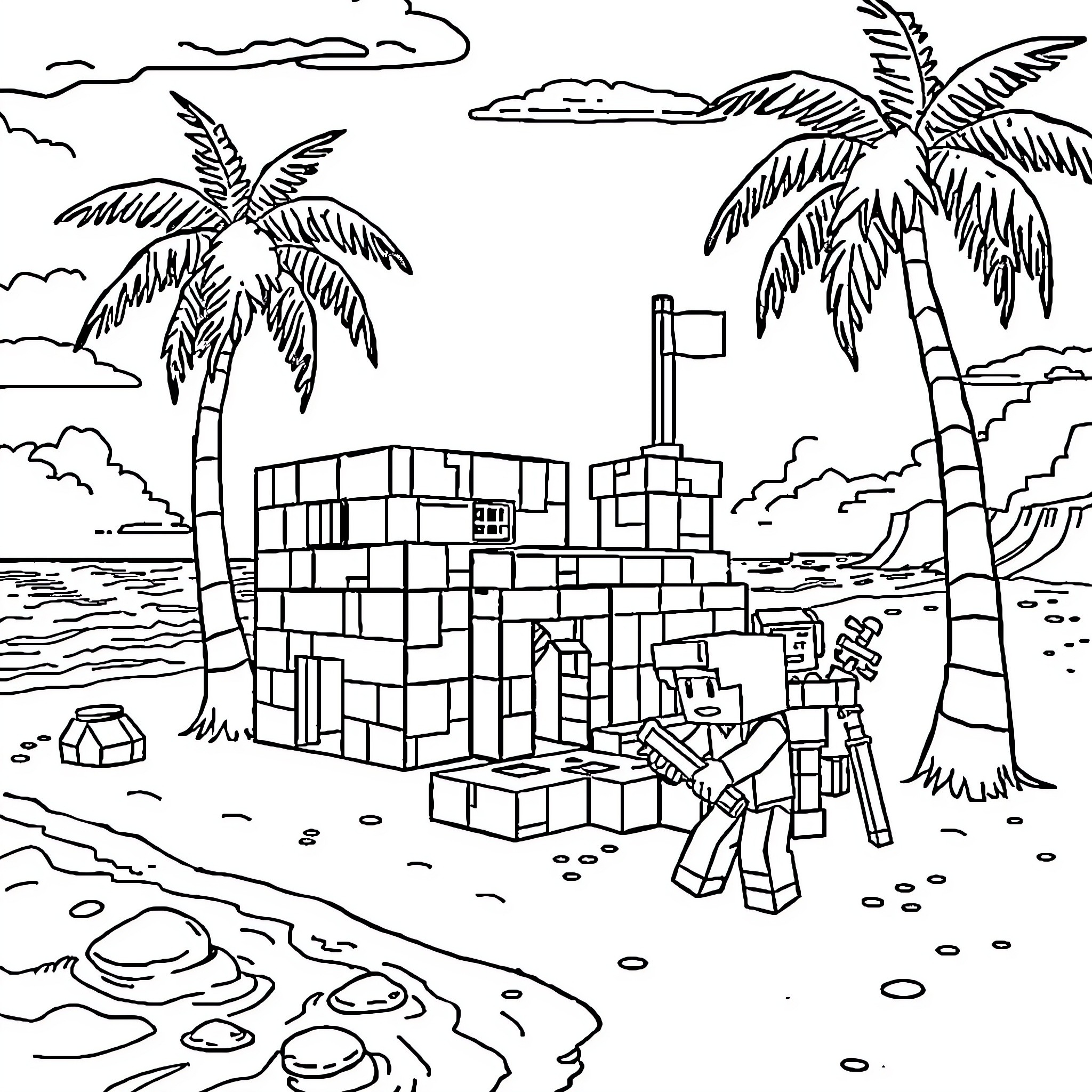 Minecraft characters exploring a tropical island Coloring Page (free black-and-white line drawing printable PDF for all, from beginners to advanced learners, including children, teens, adults, and seniors)