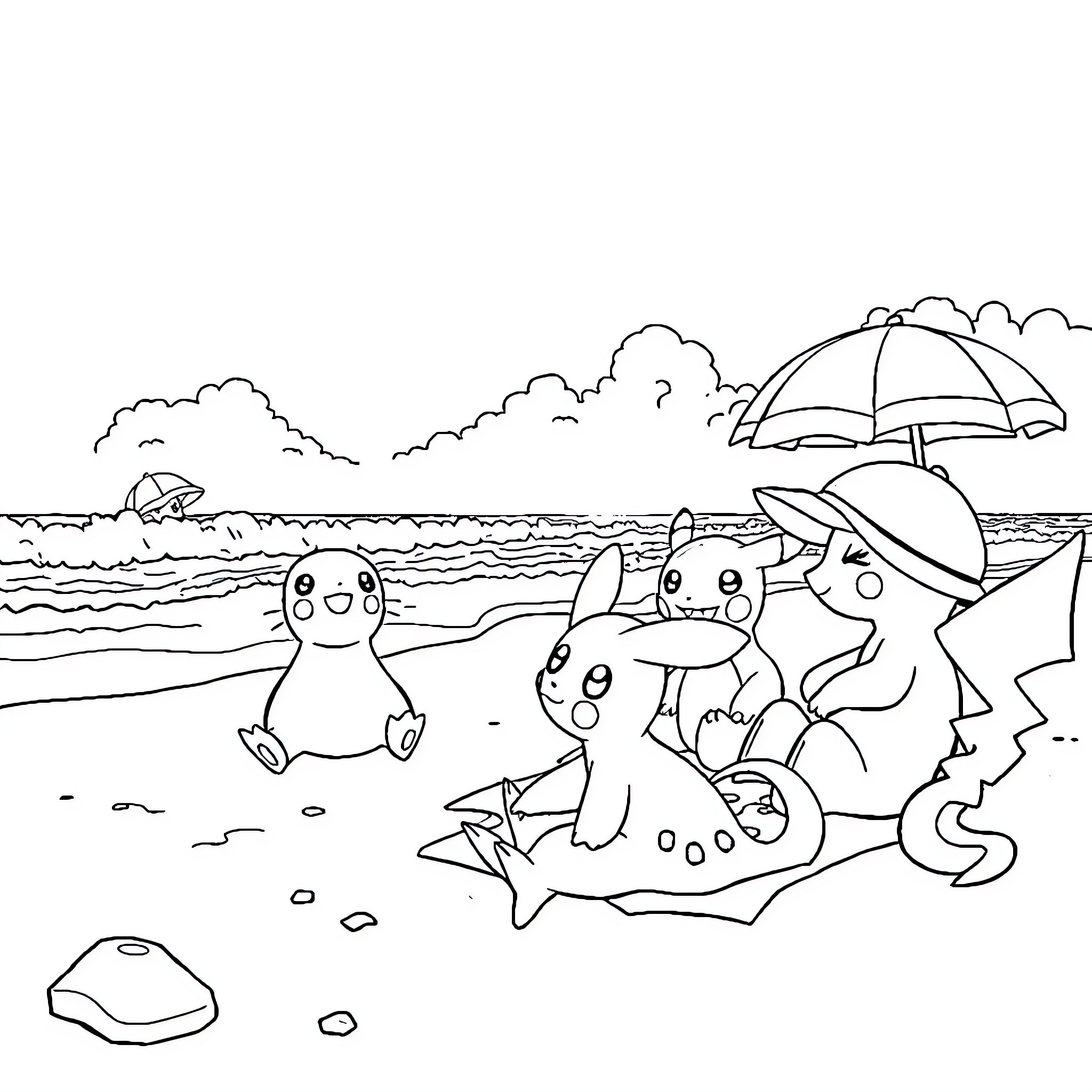 Pokémon enjoying a day at the beach Coloring Page (free black-and-white line drawing printable PDF for all, from beginners to advanced learners, including children, teens, adults, and seniors)