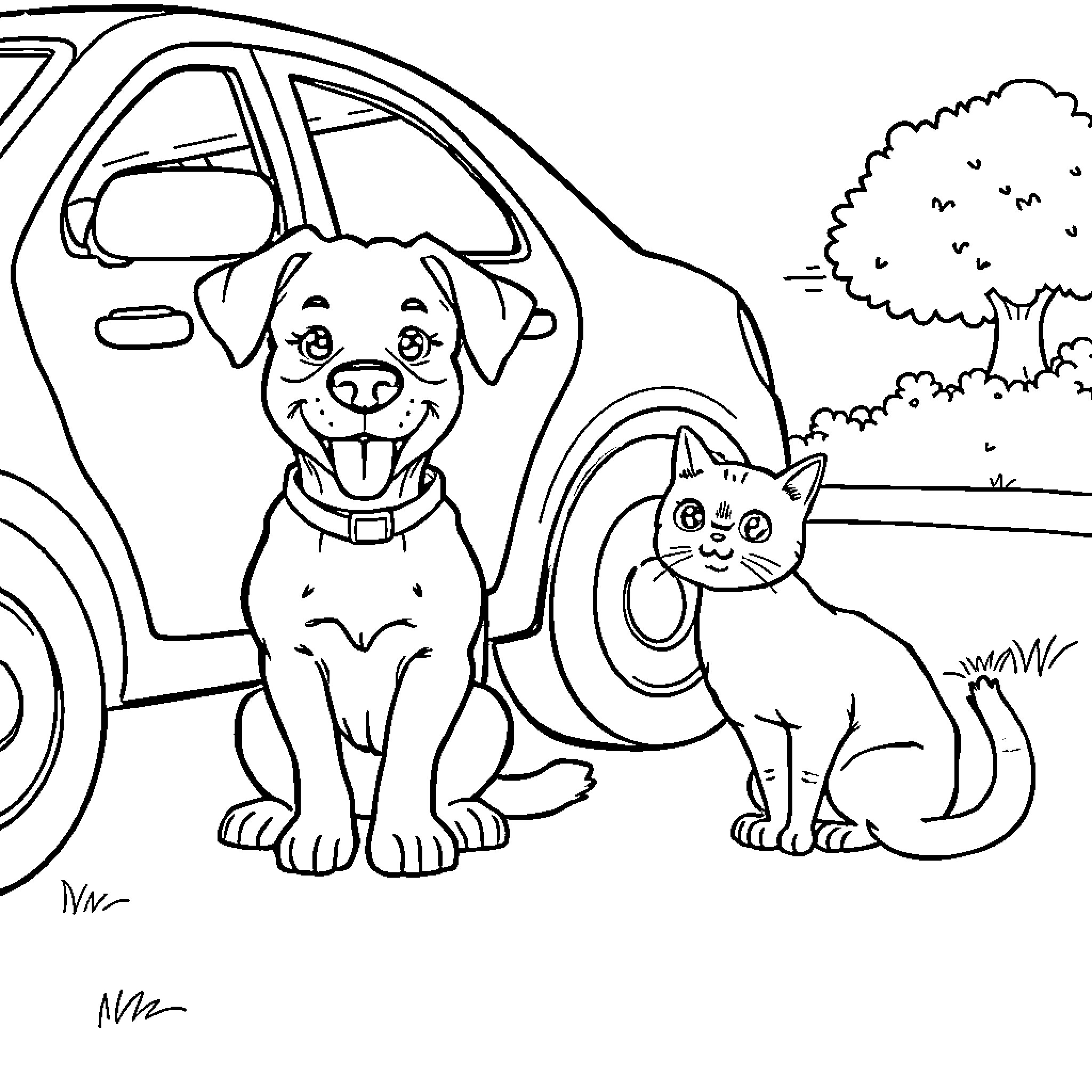 Dog and Cat Enjoying Outdoor Adventure Coloring Page (free black-and-white line drawing printable PDF for all, from beginners to advanced learners, including children, teens, adults, and seniors)
