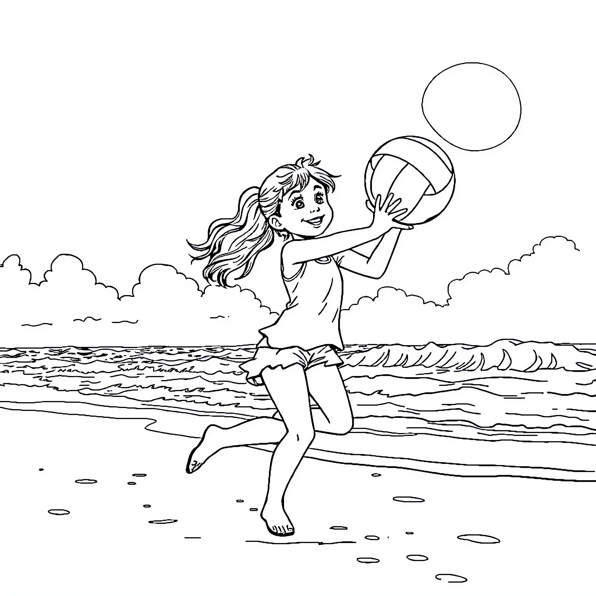 Girl playing with beach ball on the shore Coloring Page (free black-and-white line drawing printable PDF for all, from beginners to advanced learners, including children, teens, adults, and seniors)