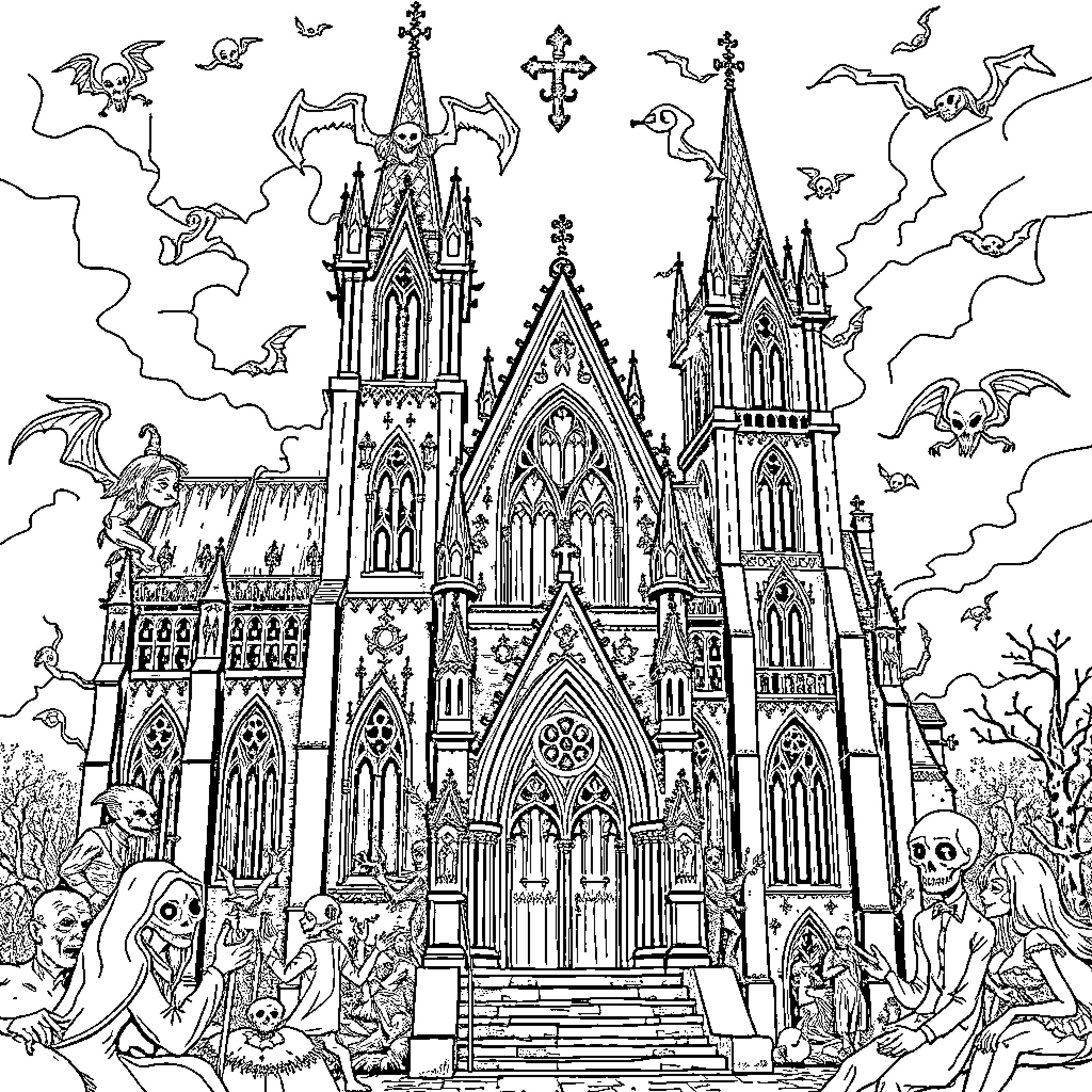 Church with Gothic Architecture and Haunting Figures Coloring Page (free black-and-white line drawing printable PDF for all, from beginners to advanced learners, including children, teens, adults, and seniors)