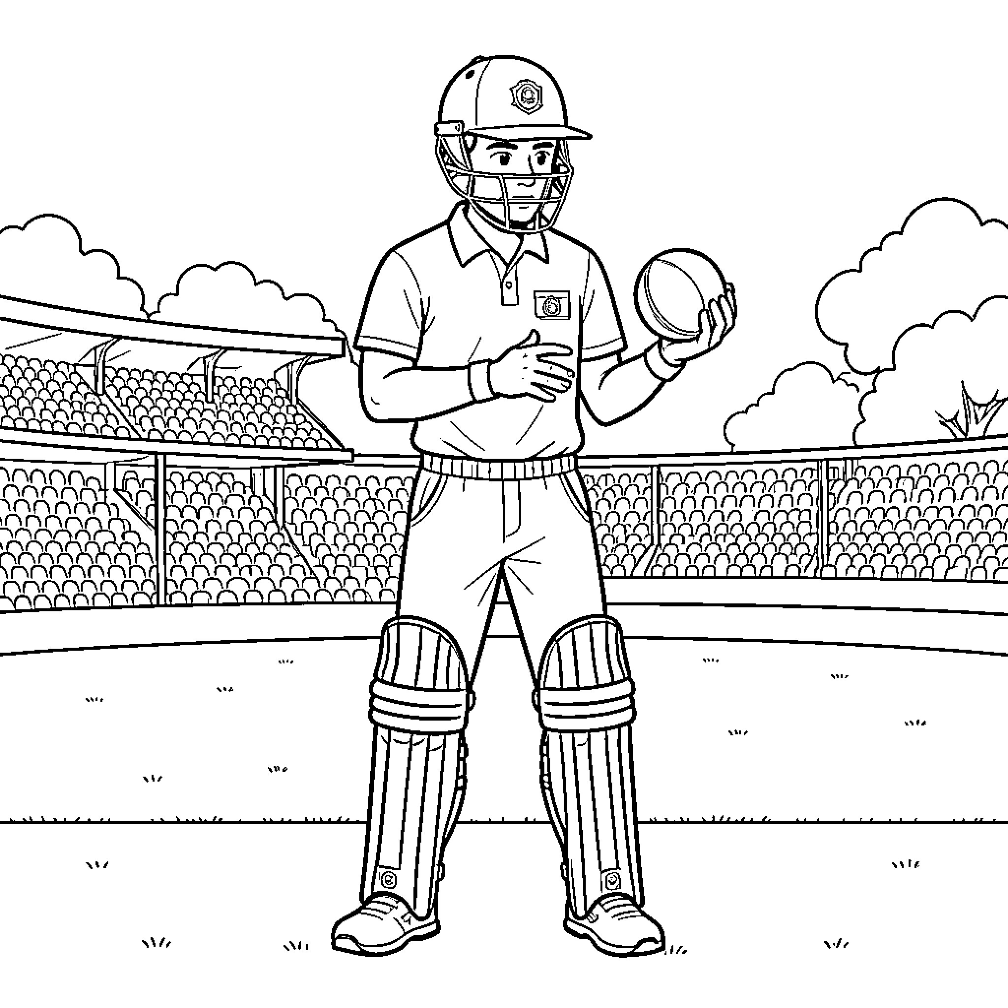 Batsman holding a ball in a cricket stadium Coloring Page (free black-and-white line drawing printable PDF for all, from beginners to advanced learners, including children, teens, adults, and seniors)