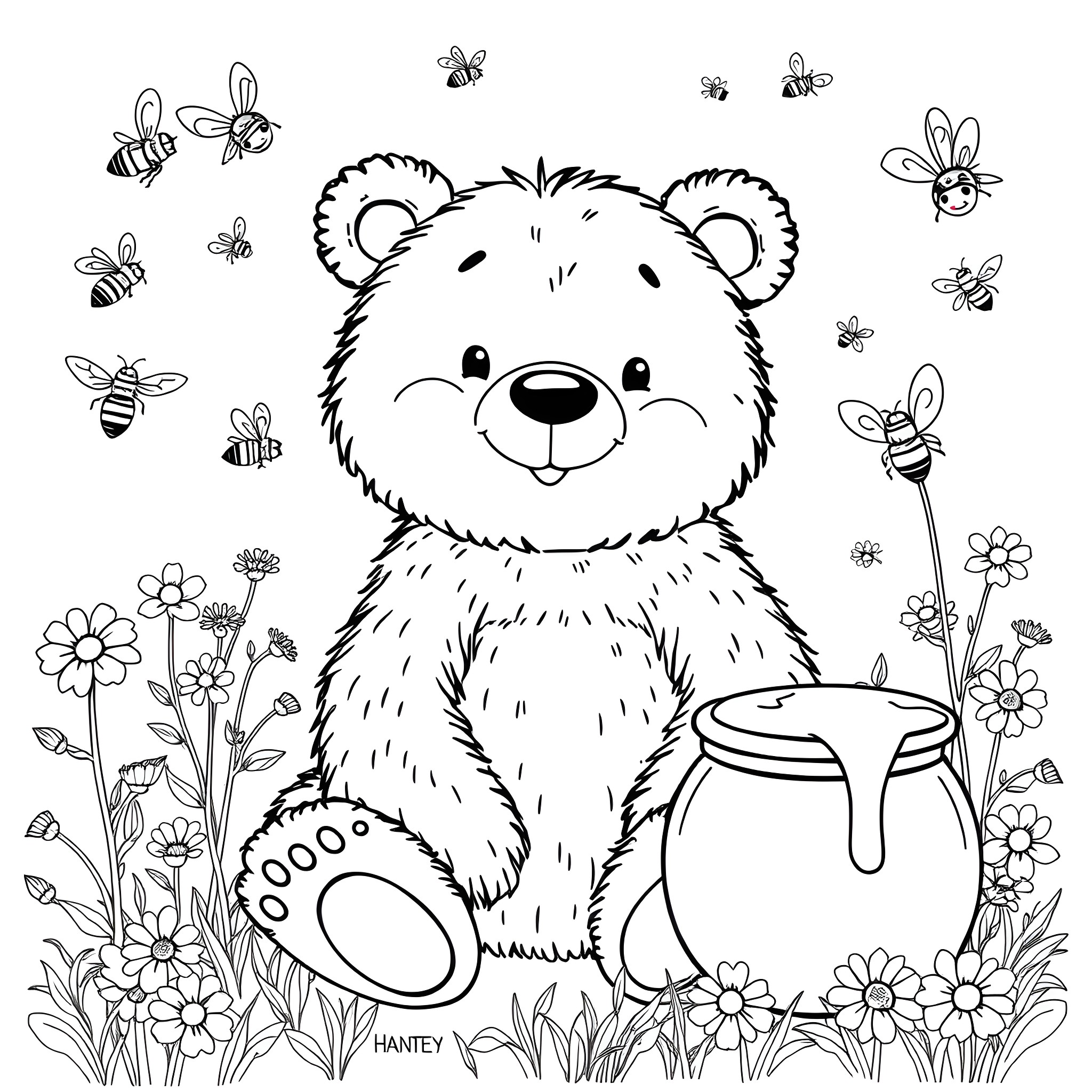 Bear playing in the flowers with honeybees Coloring Page (free black-and-white line drawing printable PDF for all, from beginners to advanced learners, including children, teens, adults, and seniors)