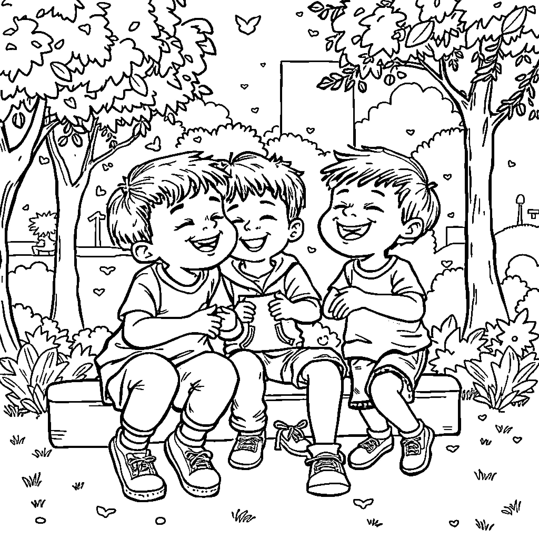 Children Emotion Enjoying Nature on Bench Coloring Page (free black-and-white line drawing printable PDF for all, from beginners to advanced learners, including children, teens, adults, and seniors)