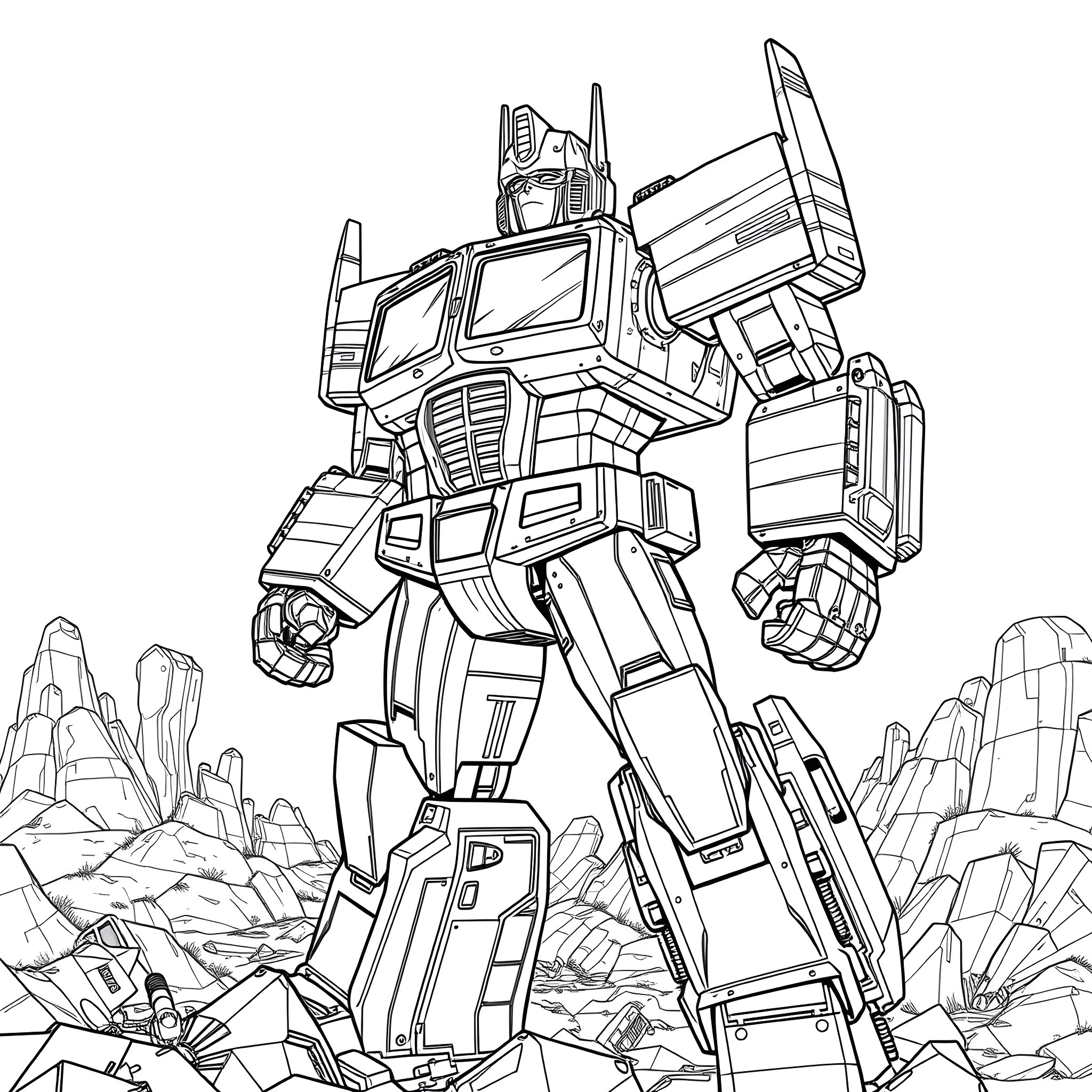 Optimus Prime, a towering robot warrior, stands ready for battle Coloring Page (free black-and-white line drawing printable PDF for all, from beginners to advanced learners, including children, teens, adults, and seniors)