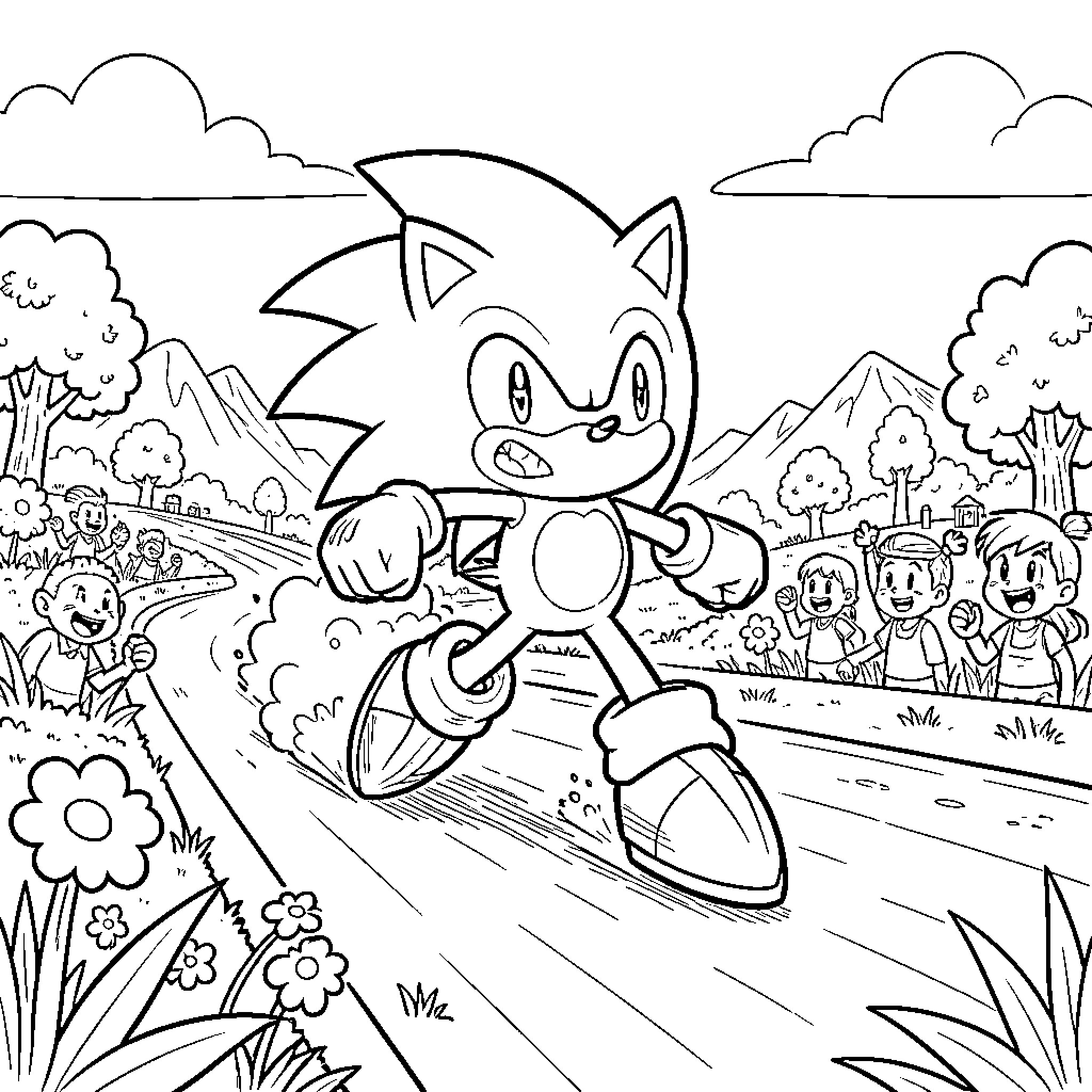 Sonic running fast along a path past cheering children Coloring Page (free black-and-white line drawing printable PDF for all, from beginners to advanced learners, including children, teens, adults, and seniors)
