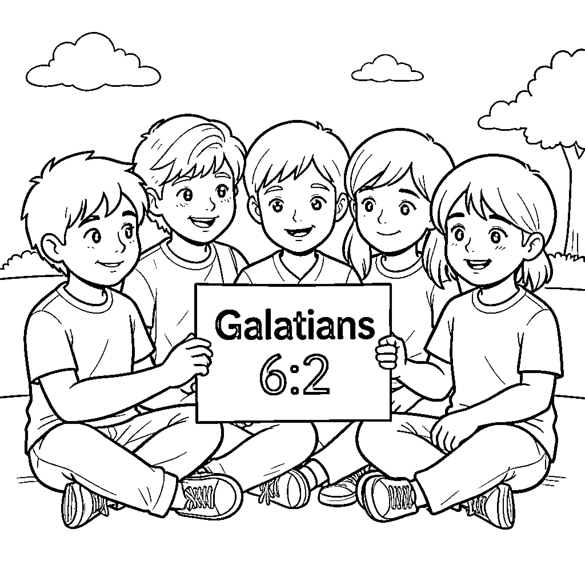 Kid group sitting together holding a sign Coloring Page (free black-and-white line drawing printable PDF for all, from beginners to advanced learners, including children, teens, adults, and seniors)