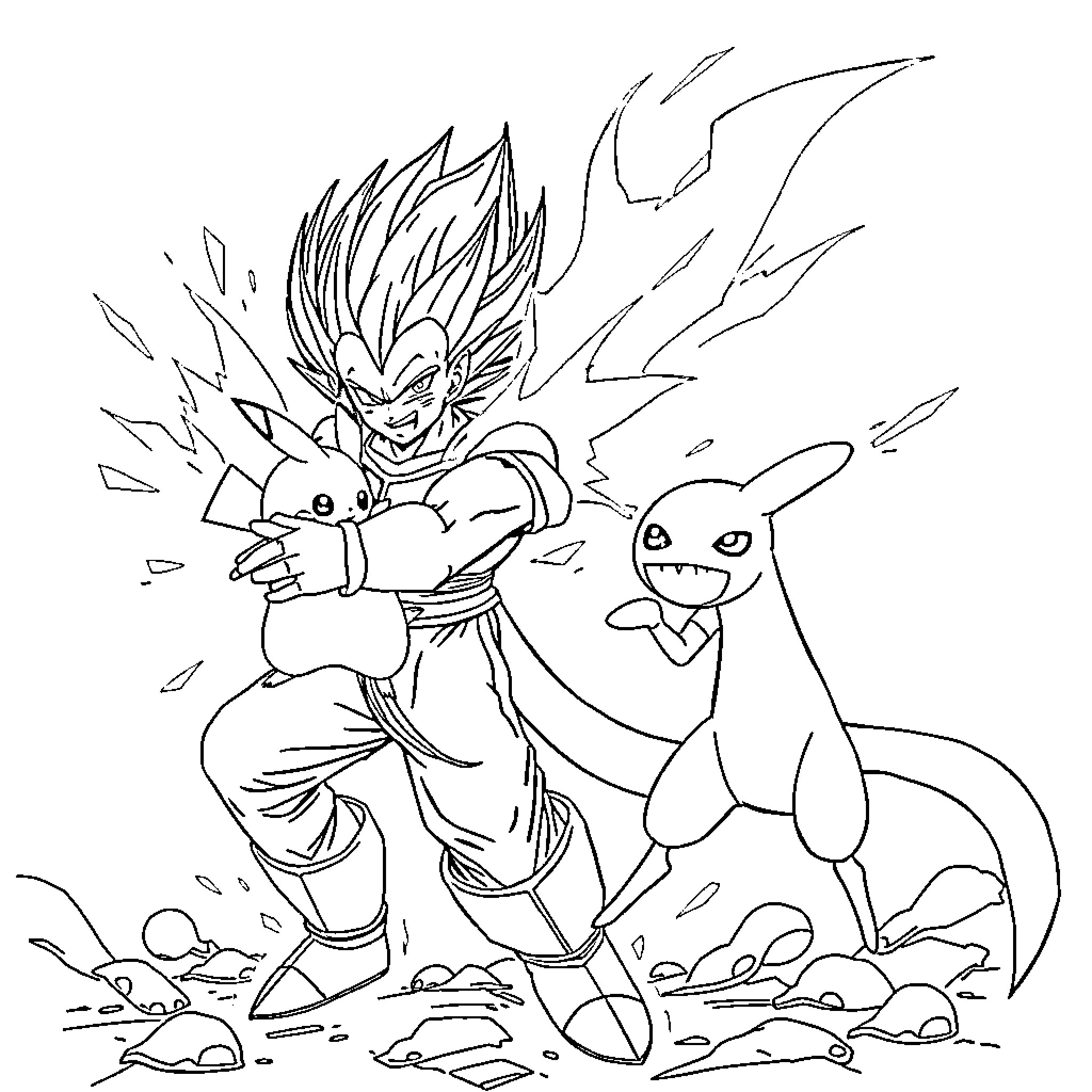 Vegeta unleashing powerful attack with Pikachu Coloring Page (free black-and-white line drawing printable PDF for all, from beginners to advanced learners, including children, teens, adults, and seniors)