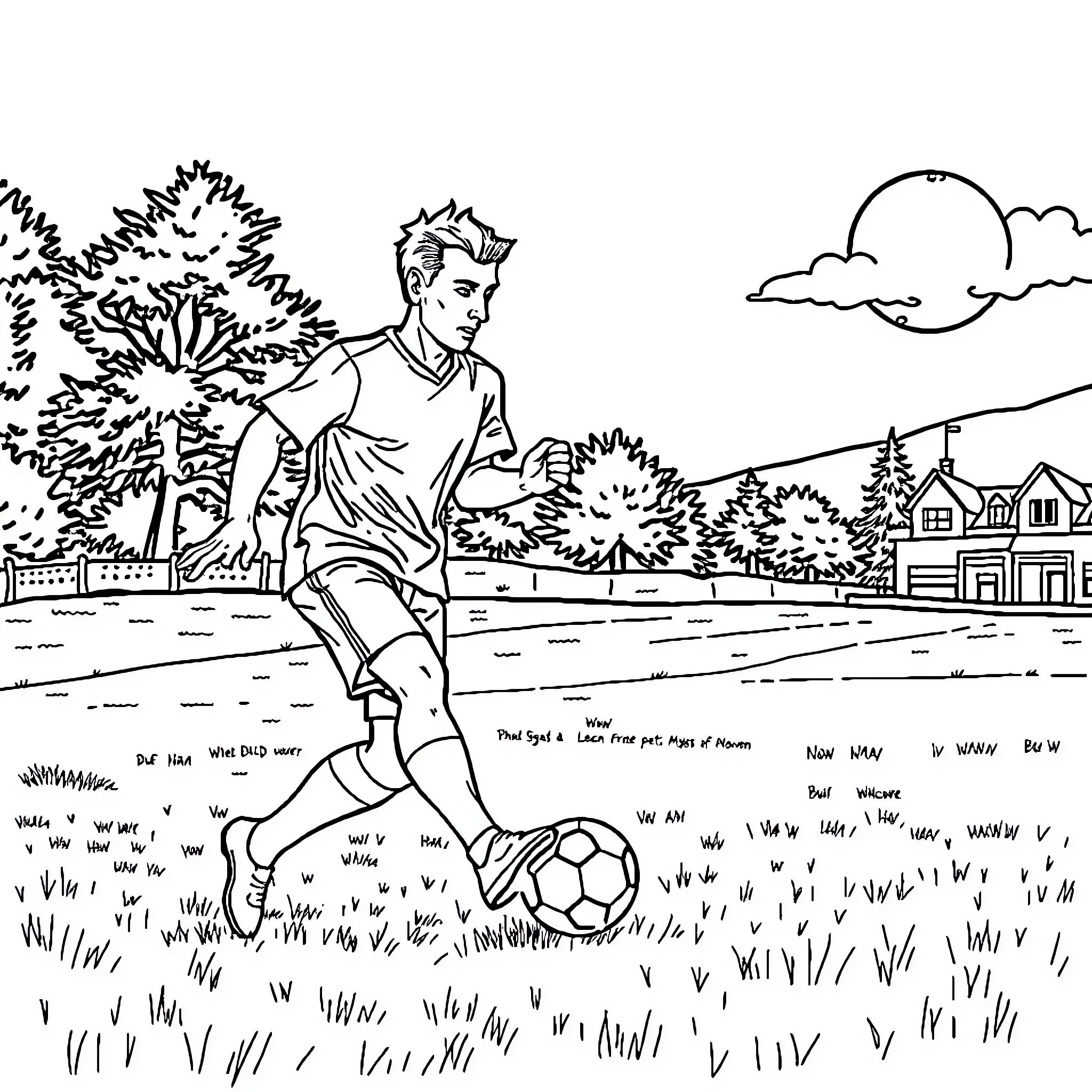 Barman kicking soccer ball in scenic outdoor setting Coloring Page (free black-and-white line drawing printable PDF for all, from beginners to advanced learners, including children, teens, adults, and seniors)