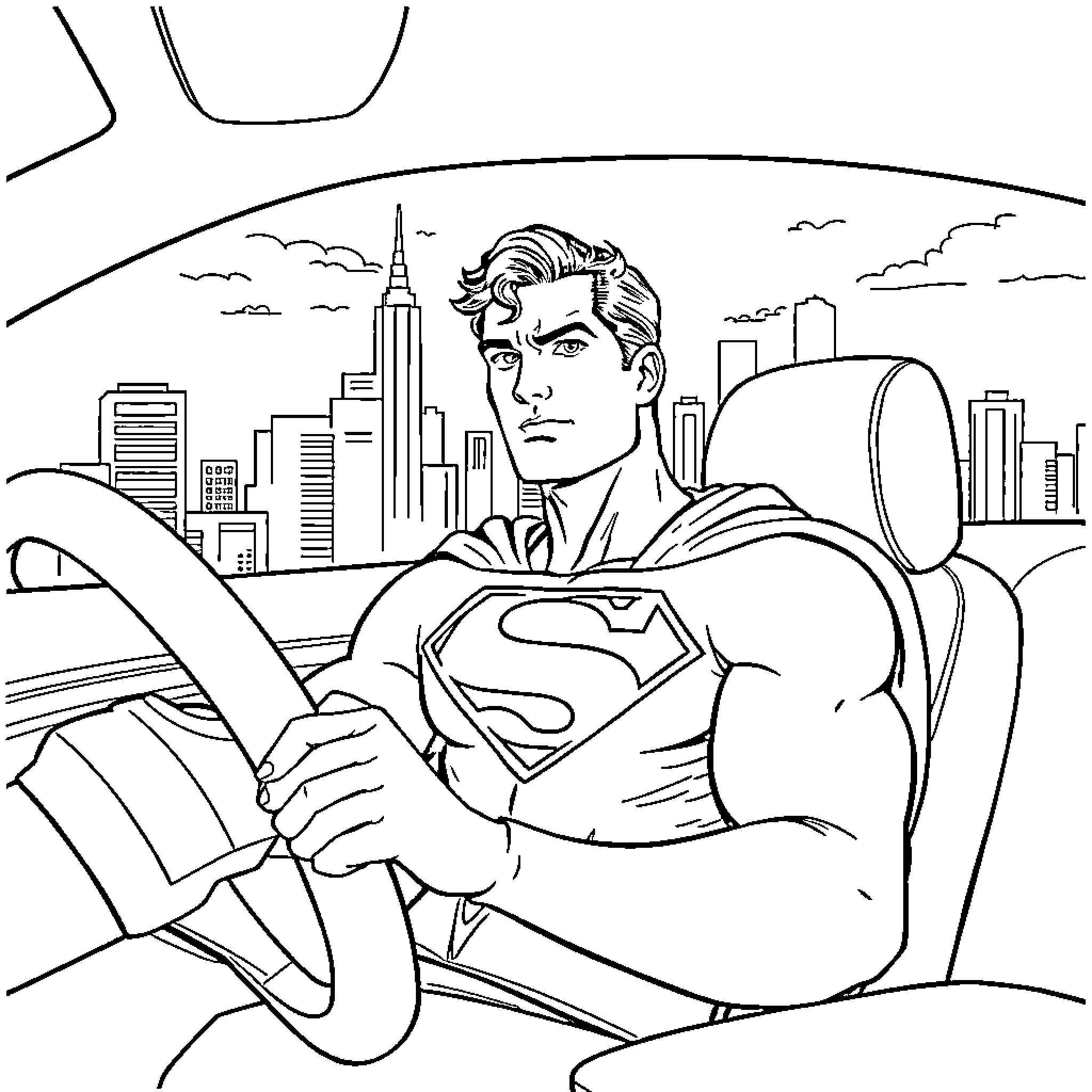 Superman driving through the city Coloring Page (free black-and-white line drawing printable PDF for all, from beginners to advanced learners, including children, teens, adults, and seniors)