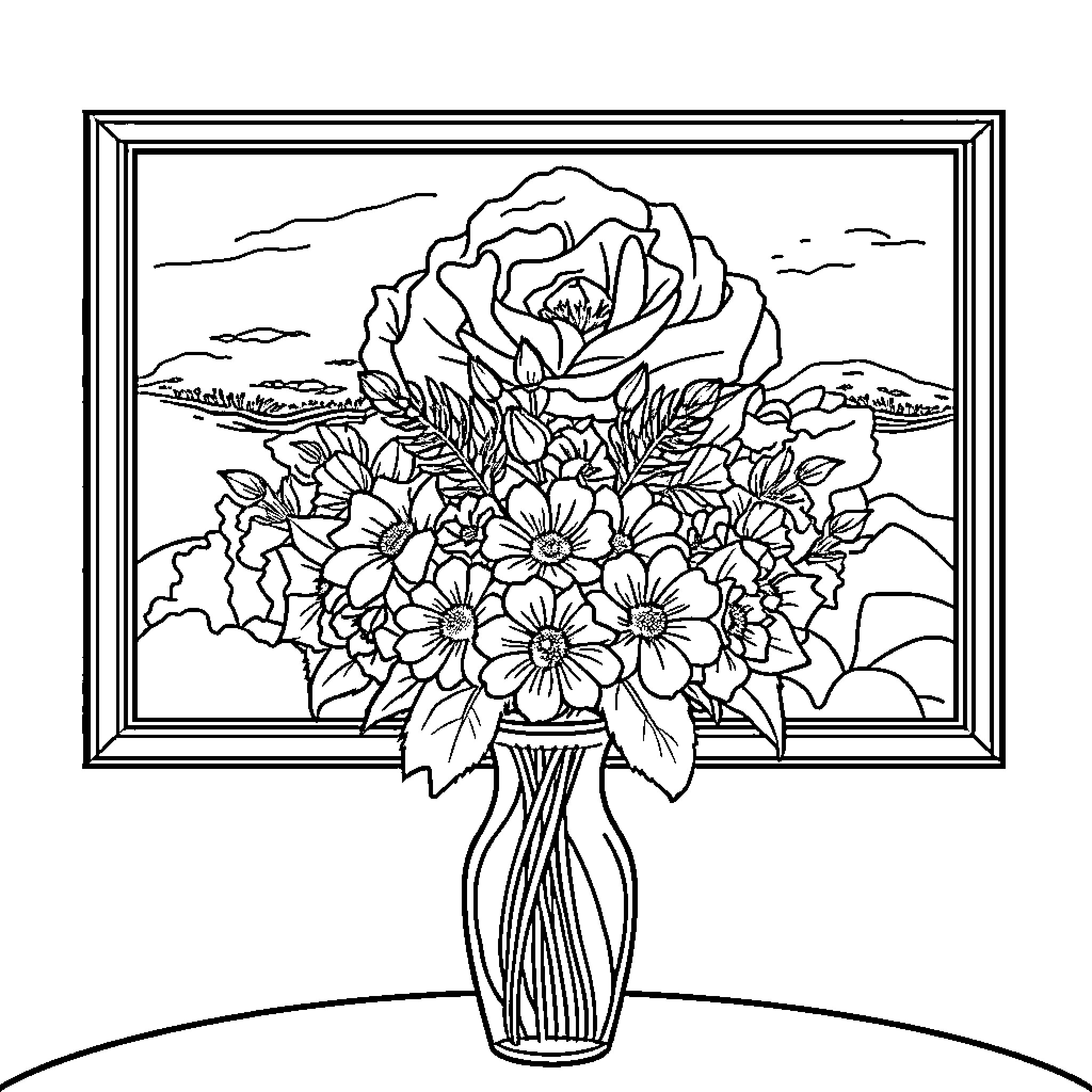 Flower Vase with Vibrant Floral Bouquet Coloring Page (free black-and-white line drawing printable PDF for all, from beginners to advanced learners, including children, teens, adults, and seniors)