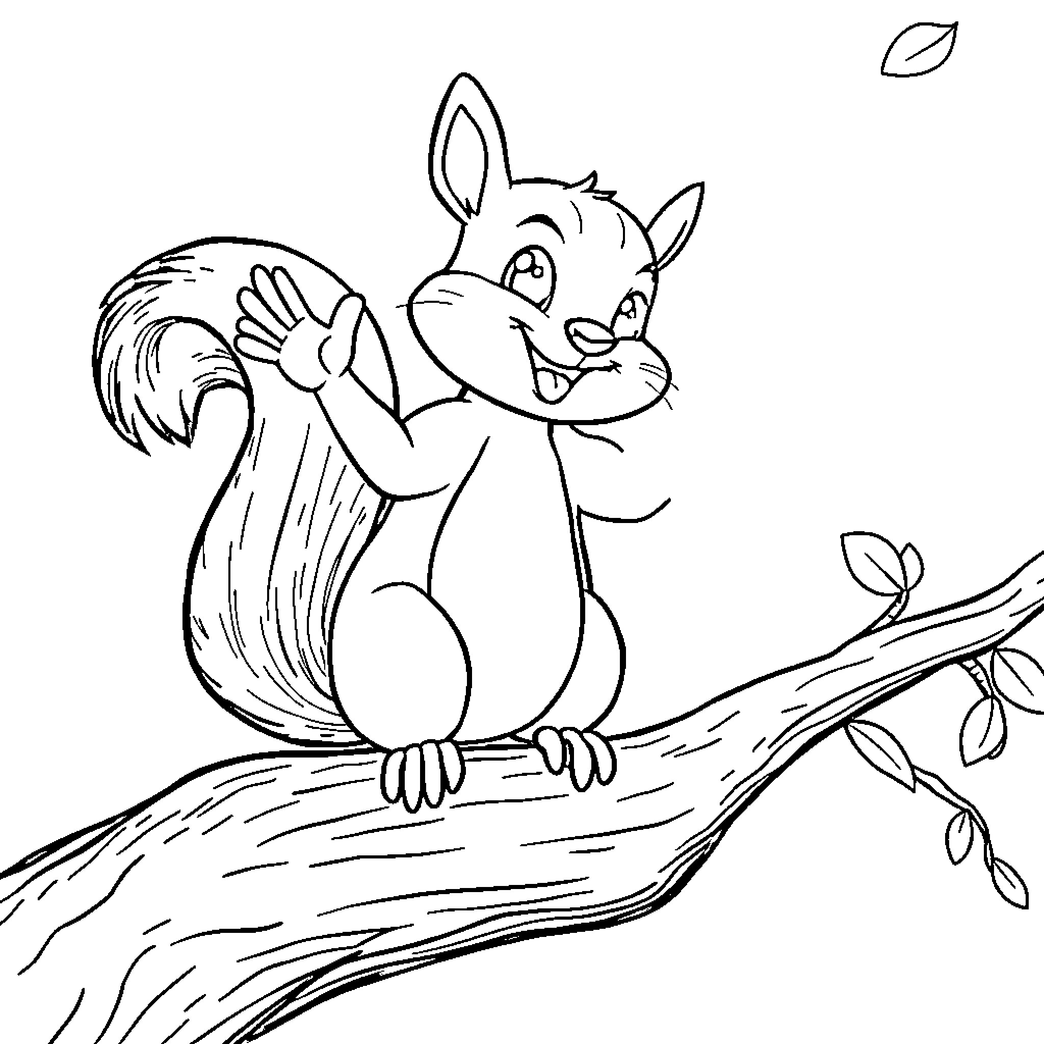 Squirrel having a jolly time on the tree branch Coloring Page (free black-and-white line drawing printable PDF for all, from beginners to advanced learners, including children, teens, adults, and seniors)