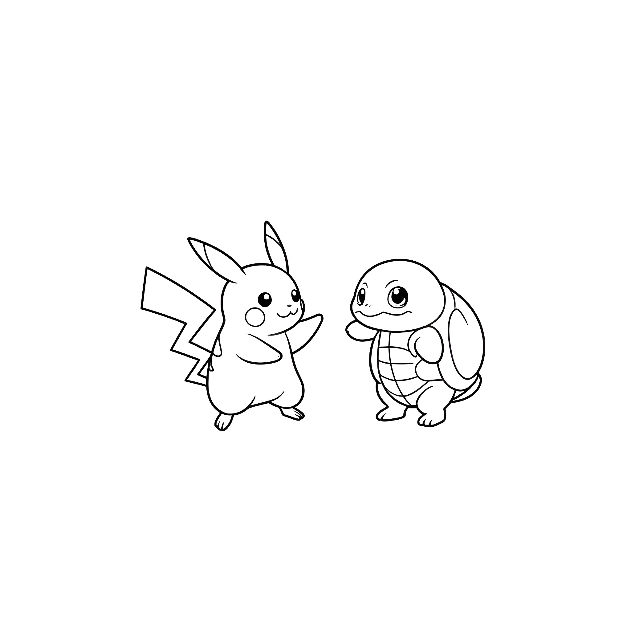 Pikachu and Squirtle playing together Coloring Page (free black-and-white line drawing printable PDF for all, from beginners to advanced learners, including children, teens, adults, and seniors)