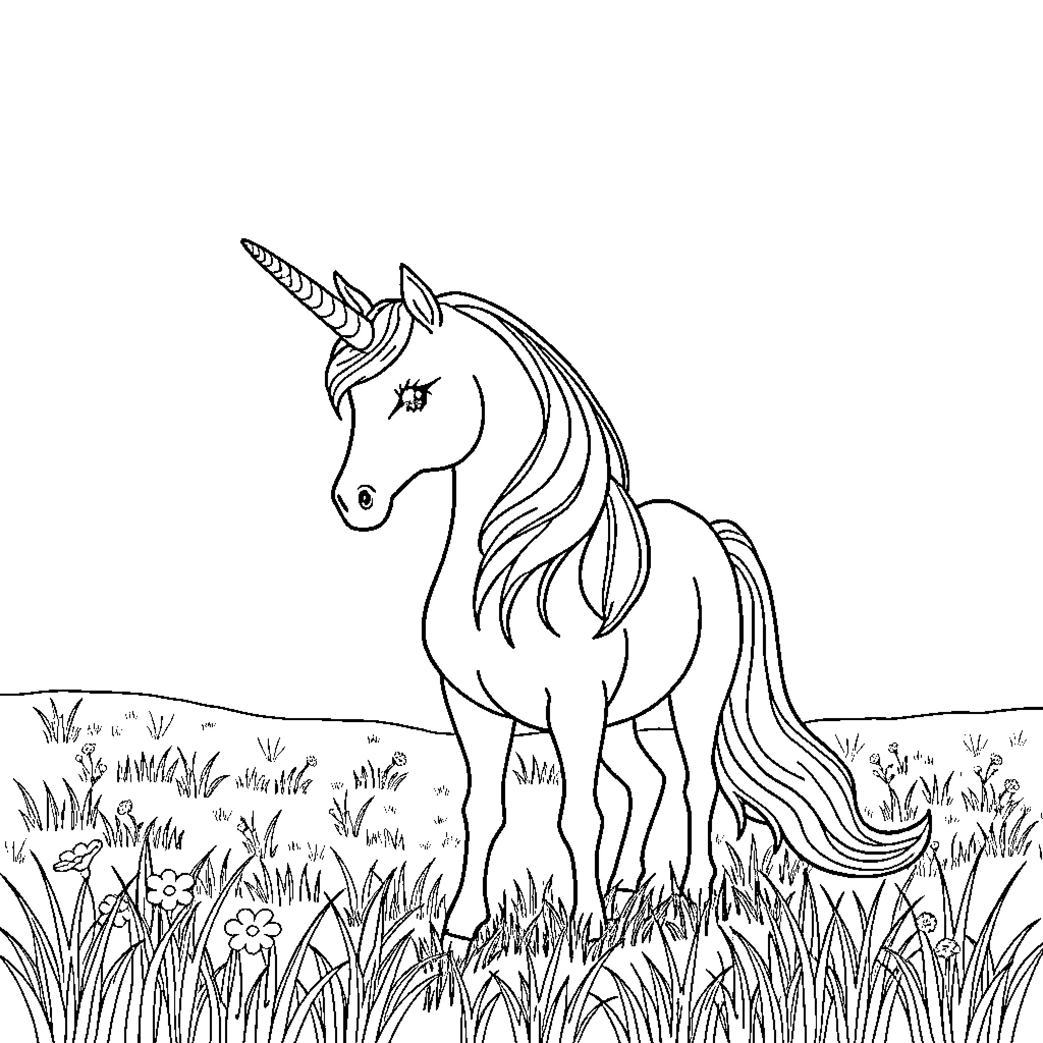 Unicorn standing in a magical meadow Coloring Page (free black-and-white line drawing printable PDF for all, from beginners to advanced learners, including children, teens, adults, and seniors)